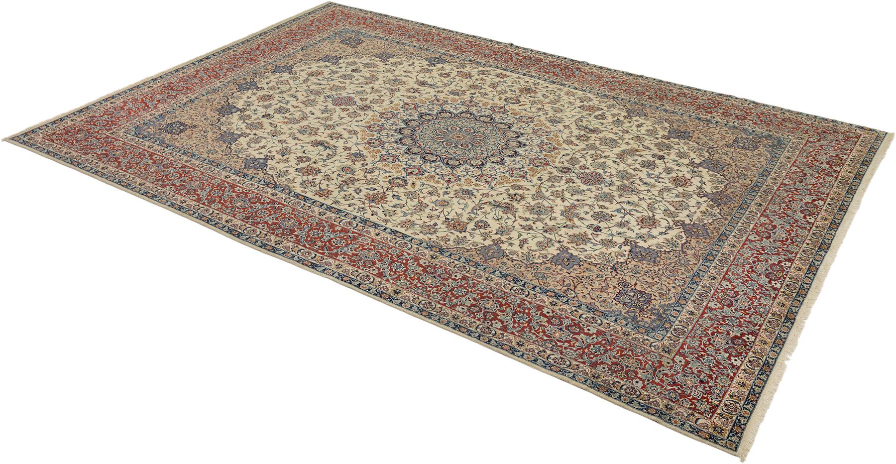 Persischer Isfahan Teppich, handgeknüpft, 14.9x10.2 ft - Elfenbein, Rot und Blau (Handgeknüpft) im Angebot