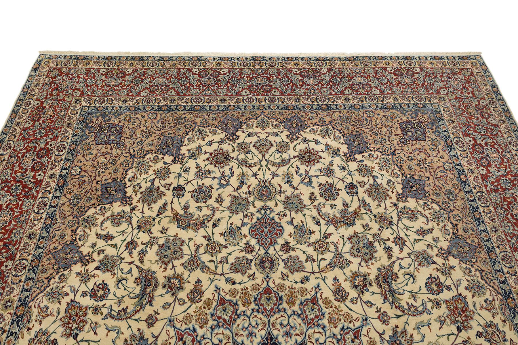 Persischer Isfahan Teppich, handgeknüpft, 14.9x10.2 ft - Elfenbein, Rot und Blau im Zustand „Hervorragend“ im Angebot in North Bergen, NJ