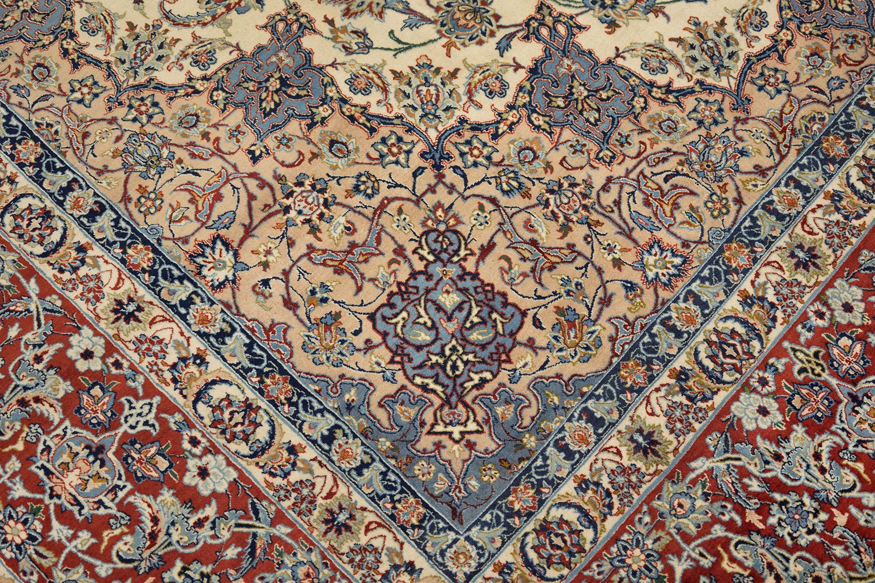 Persischer Isfahan Teppich, handgeknüpft, 14.9x10.2 ft - Elfenbein, Rot und Blau (Ende des 20. Jahrhunderts) im Angebot