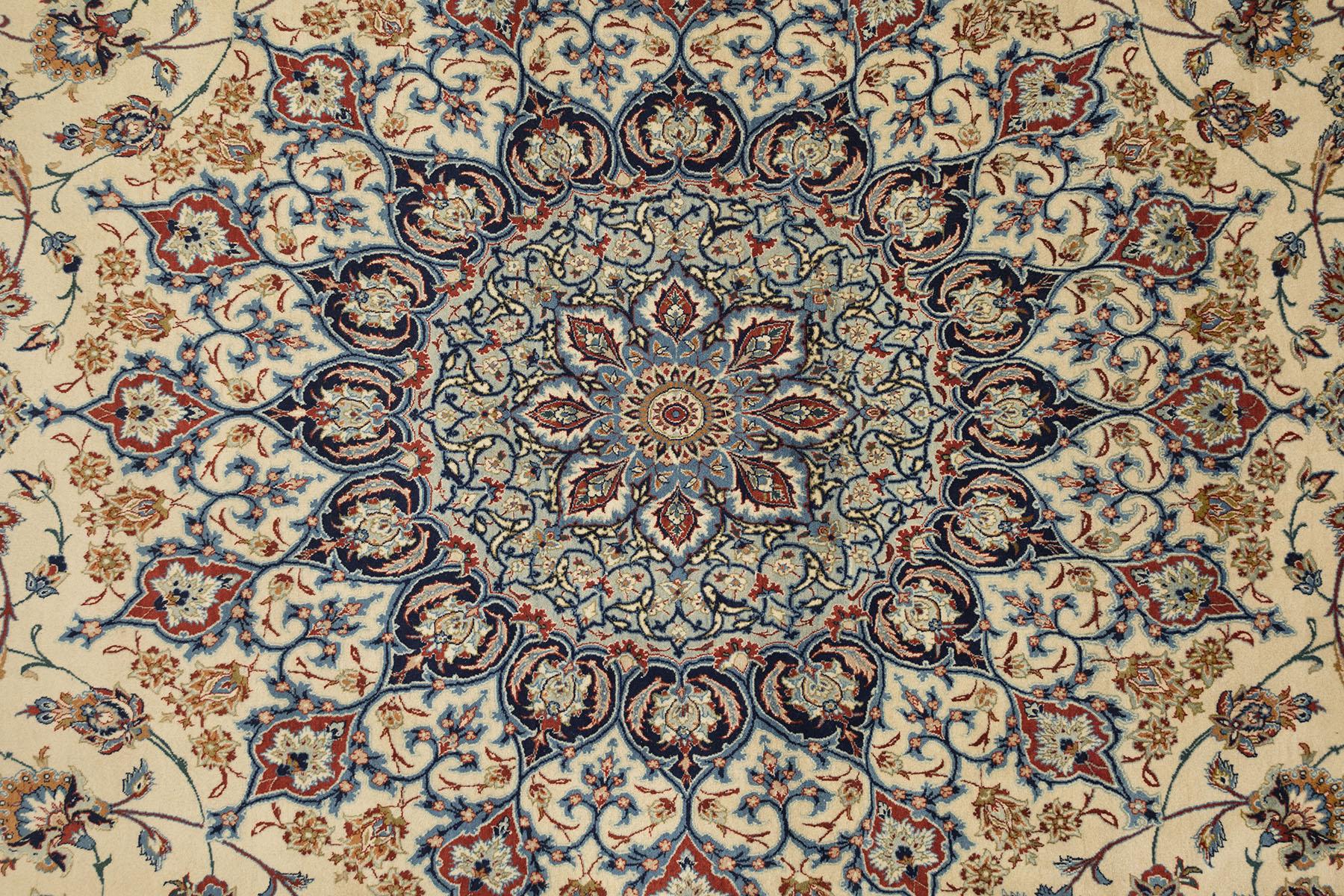 Persischer Isfahan Teppich, handgeknüpft, 14.9x10.2 ft - Elfenbein, Rot und Blau (Seide) im Angebot
