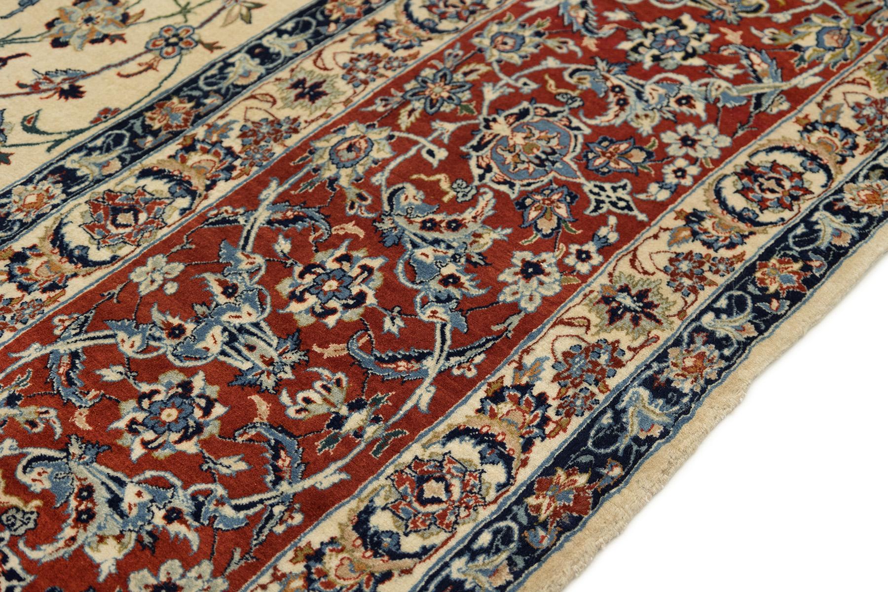 Persischer Isfahan Teppich, handgeknüpft, 14.9x10.2 ft - Elfenbein, Rot und Blau im Angebot 1