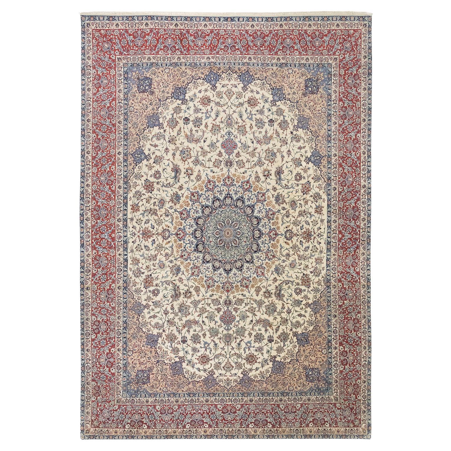 Persischer Isfahan Teppich, handgeknüpft, 14.9x10.2 ft - Elfenbein, Rot und Blau