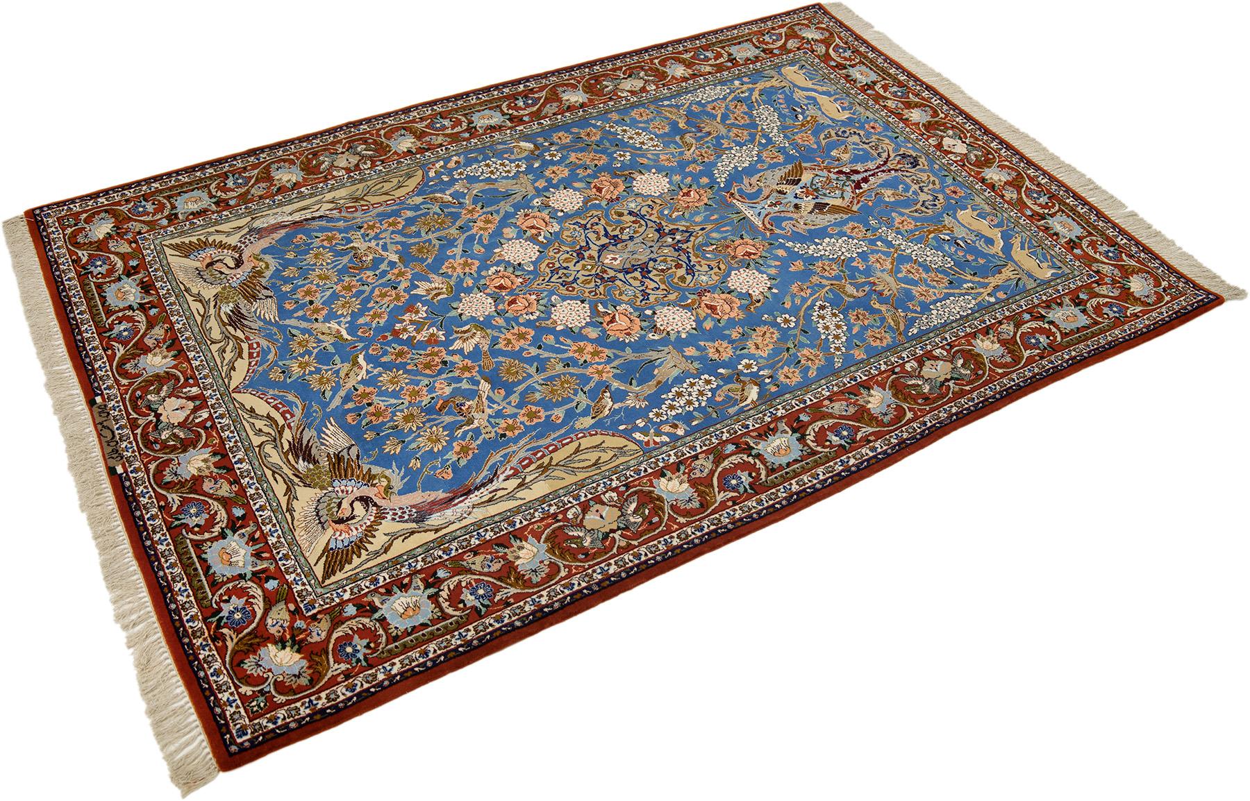 Persischer Isfahan Teppich, handgeknüpft, 7,2 × 5,2 Fuß - Blau, Rot und Elfenbein (Handgeknüpft) im Angebot