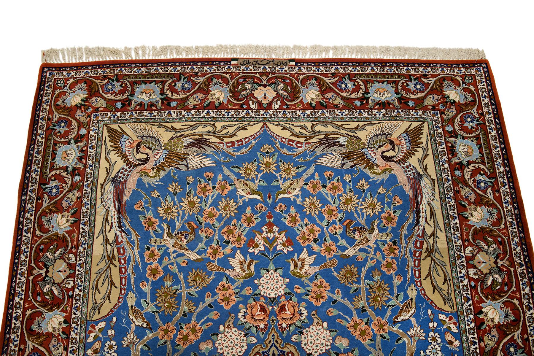 Persischer Isfahan Teppich, handgeknüpft, 7,2 × 5,2 Fuß - Blau, Rot und Elfenbein im Zustand „Hervorragend“ im Angebot in North Bergen, NJ