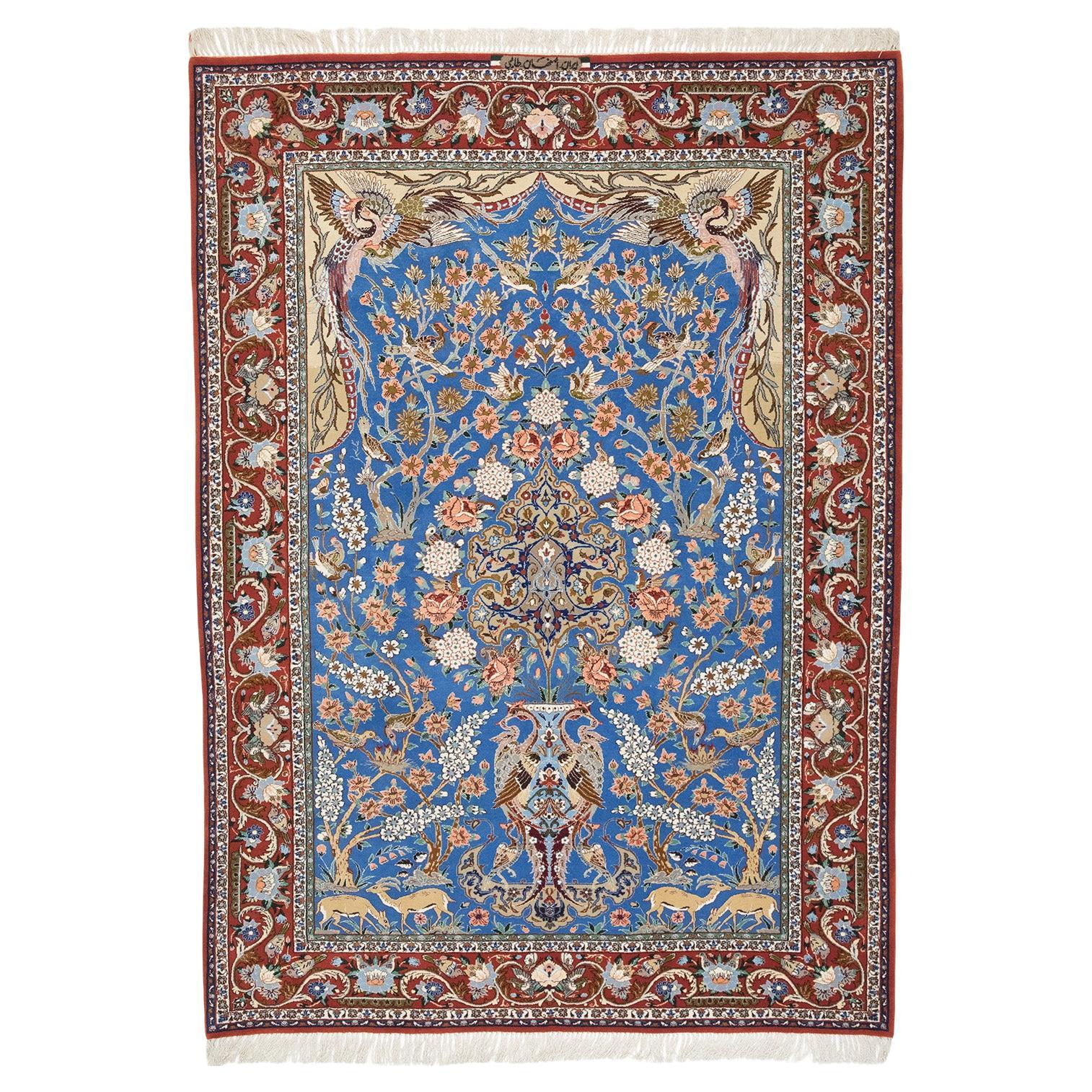Tapis persan Isfahan, noué à la main, 7.2 × 5.2 ft - Bleu, rouge et ivoire