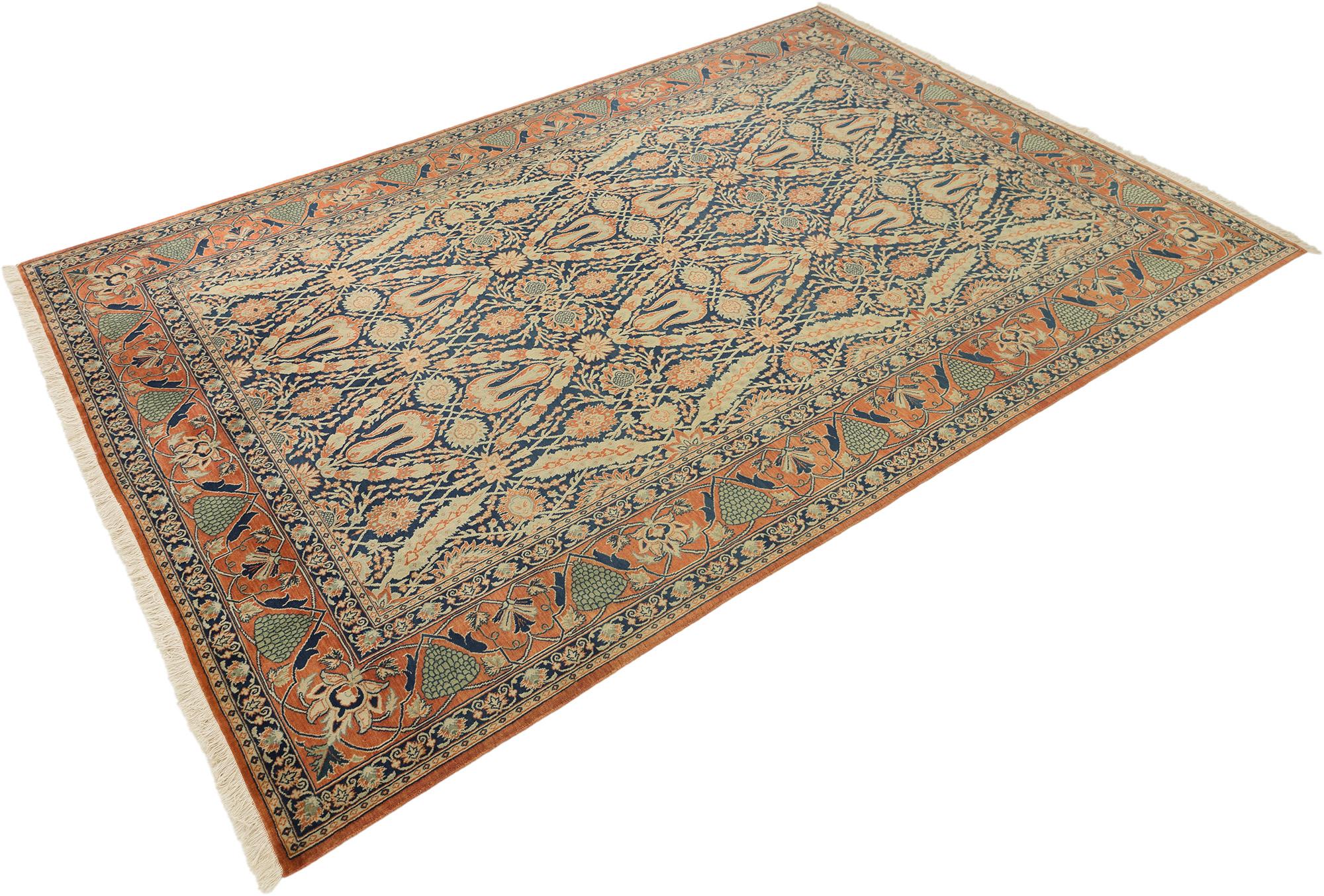 Persiano Tappeto persiano Isfahan, annodato a mano, 9,7 × 6,4 piedi - Navy, Coral e Ivory in vendita