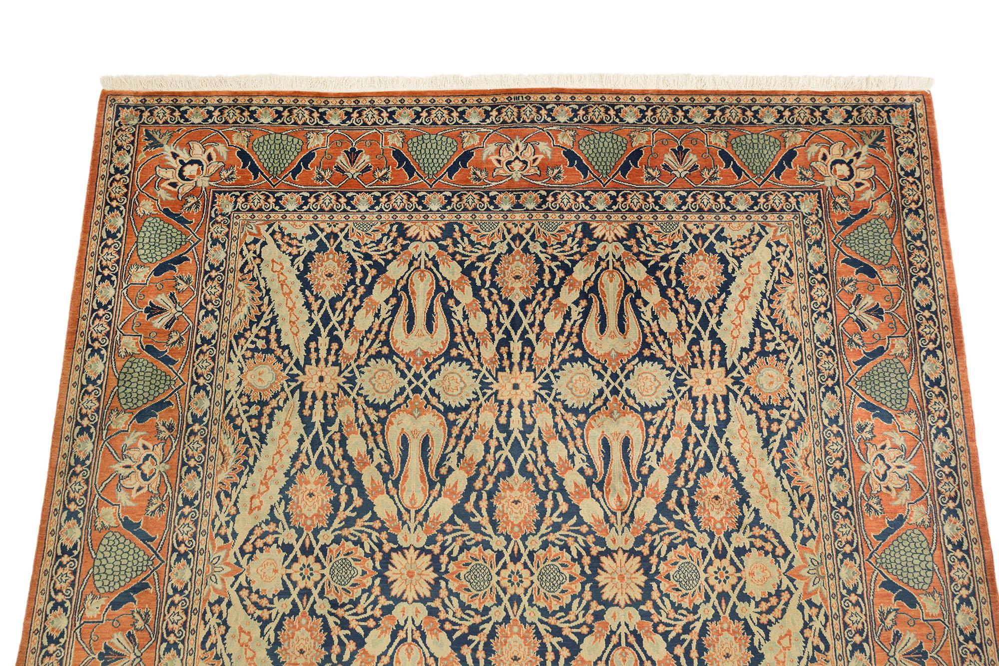 Annodato a mano Tappeto persiano Isfahan, annodato a mano, 9,7 × 6,4 piedi - Navy, Coral e Ivory in vendita