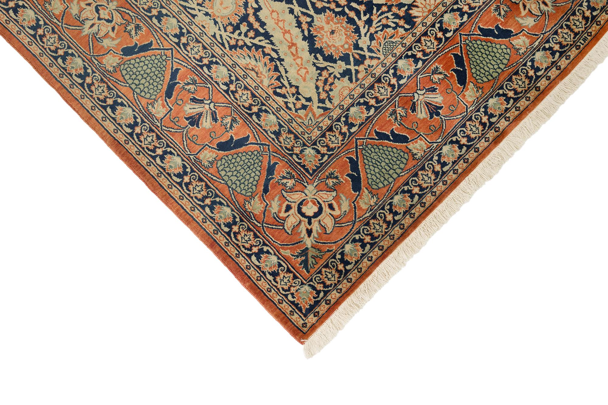 Tappeto persiano Isfahan, annodato a mano, 9,7 × 6,4 piedi - Navy, Coral e Ivory In condizioni ottime in vendita a North Bergen, NJ