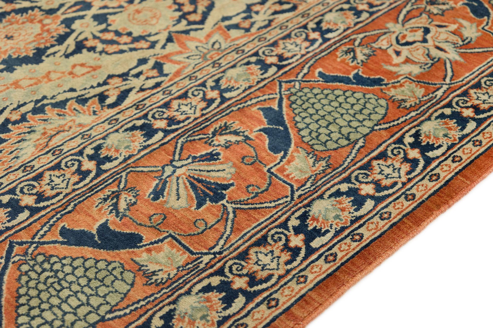 XXI secolo e contemporaneo Tappeto persiano Isfahan, annodato a mano, 9,7 × 6,4 piedi - Navy, Coral e Ivory in vendita