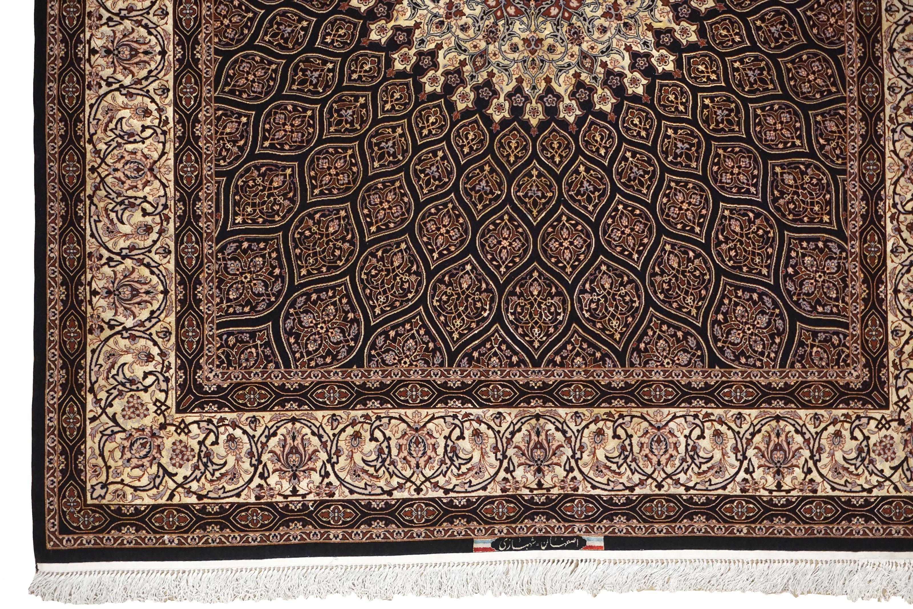 Sarouk Farahan Persian Isfahan Silk Field & Foundation Signed Shahbazi, Circa 1970 For Sale