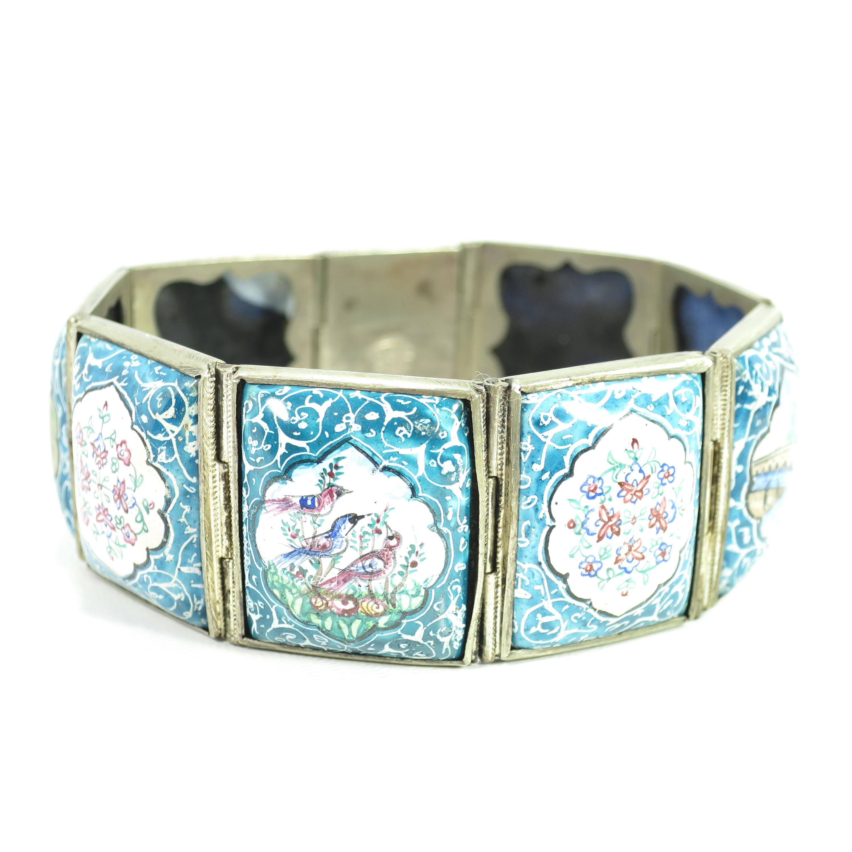 Persian Isfahan Silver Enamel Articulated Panel Bracelet, Artist-Signed 1930s For Sale 4