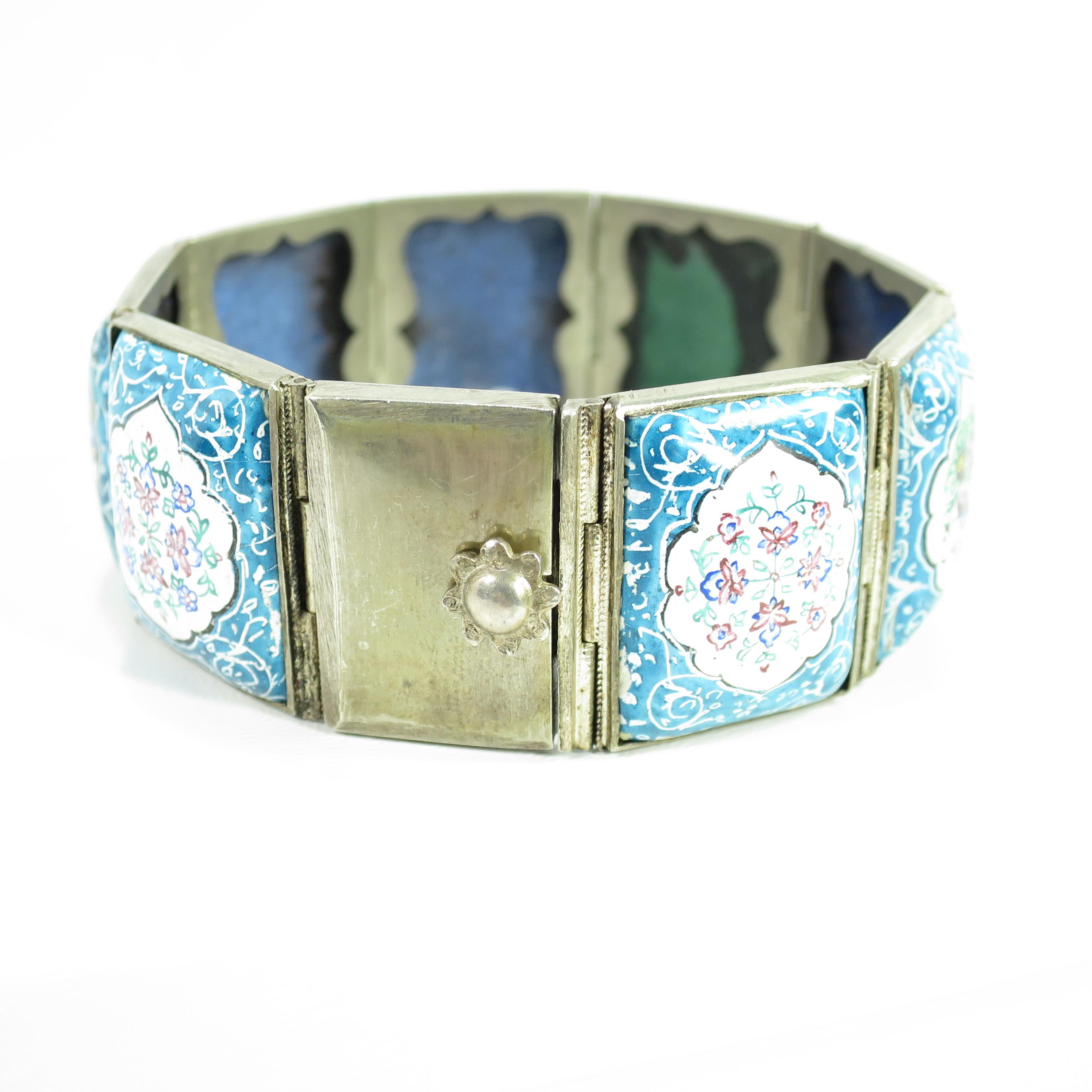Persian Isfahan Silver Enamel Articulated Panel Bracelet, Artist-Signed 1930s For Sale 5