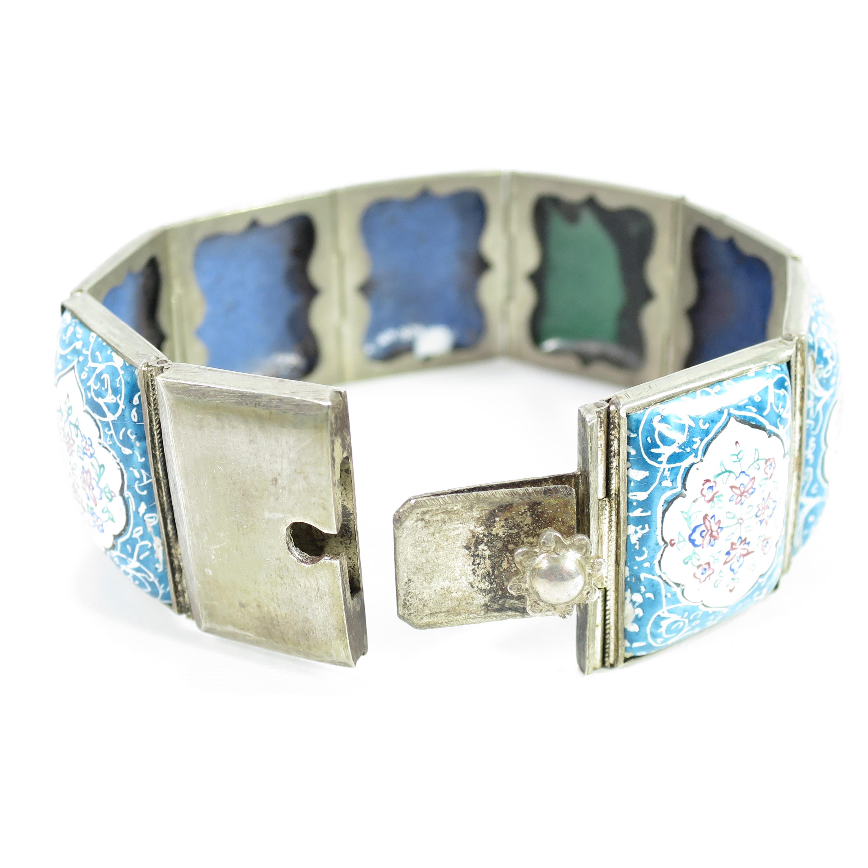 Persian Isfahan Silver Enamel Articulated Panel Bracelet, Artist-Signed 1930s For Sale 6
