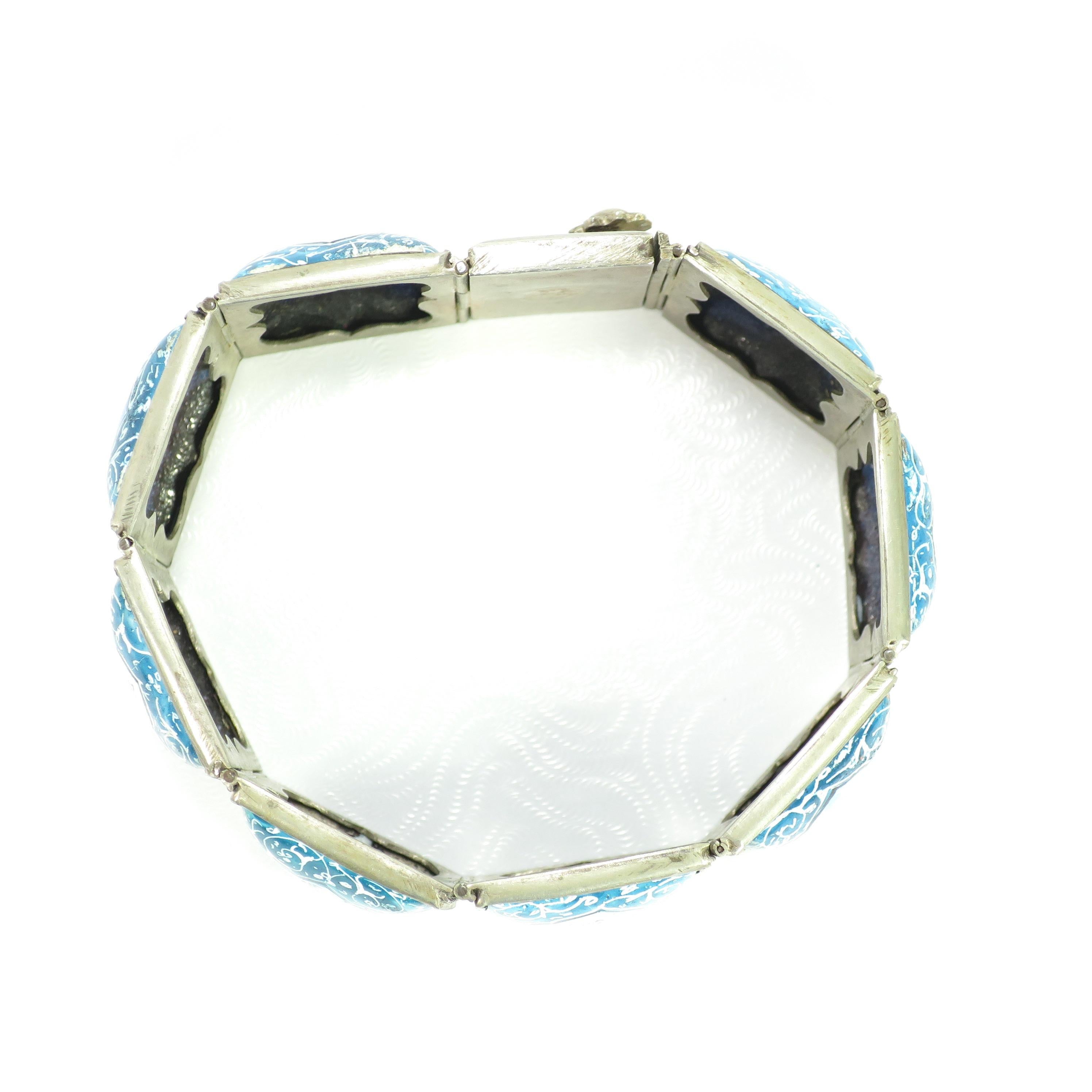 Persian Isfahan Silver Enamel Articulated Panel Bracelet, Artist-Signed 1930s For Sale 7