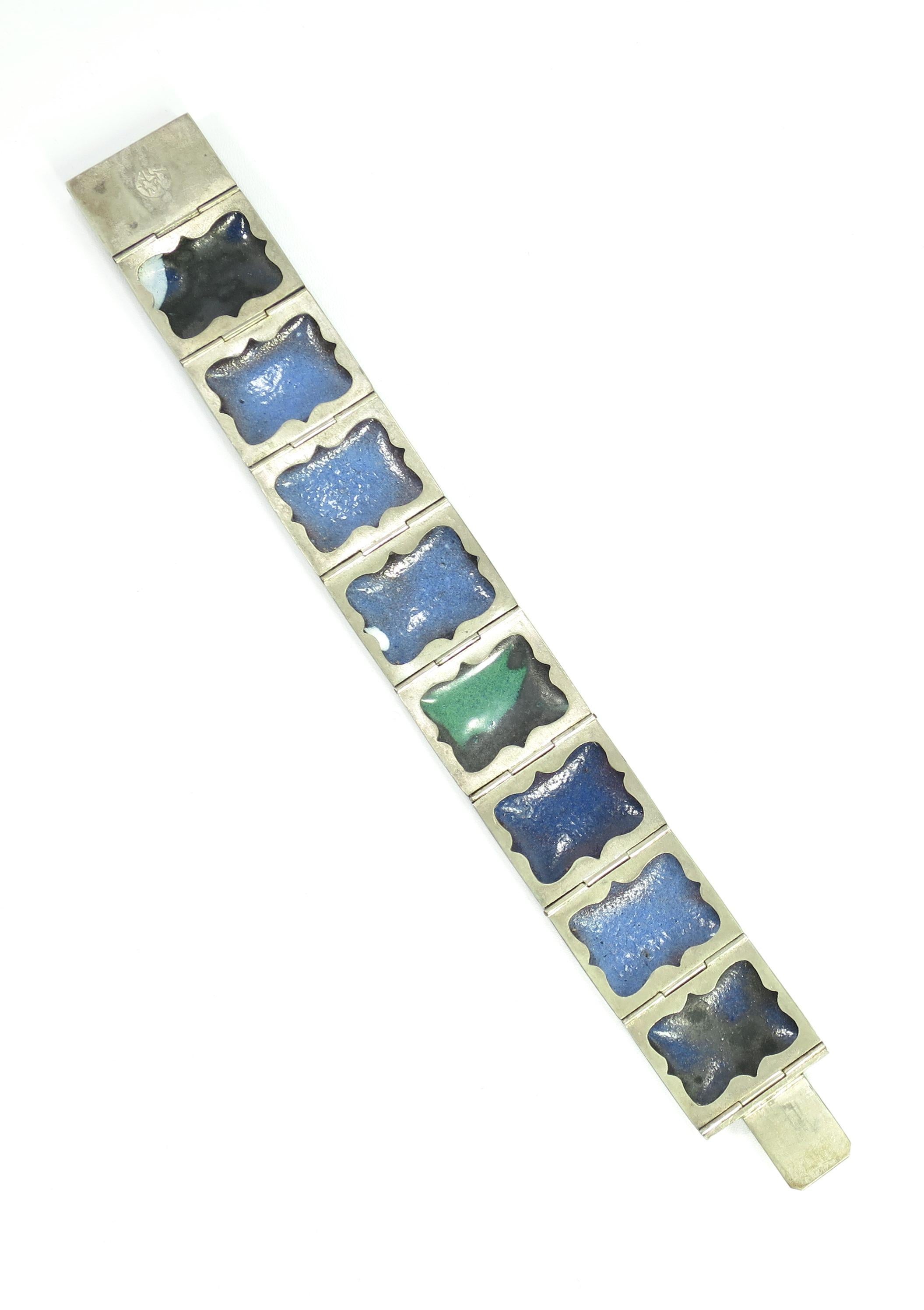Persian Isfahan Silver Enamel Articulated Panel Bracelet, Artist-Signed 1930s For Sale 8