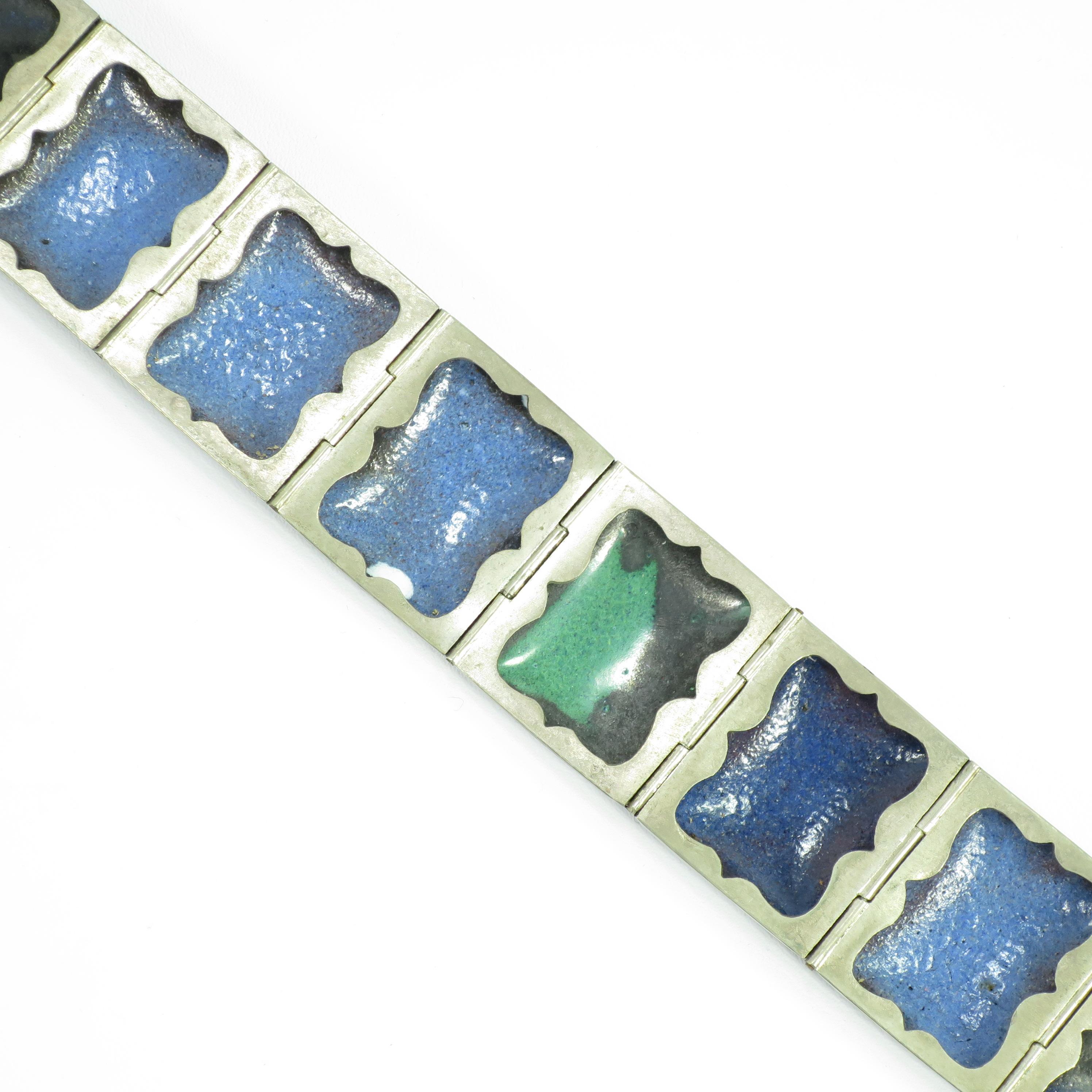 Persian Isfahan Silver Enamel Articulated Panel Bracelet, Artist-Signed 1930s For Sale 9