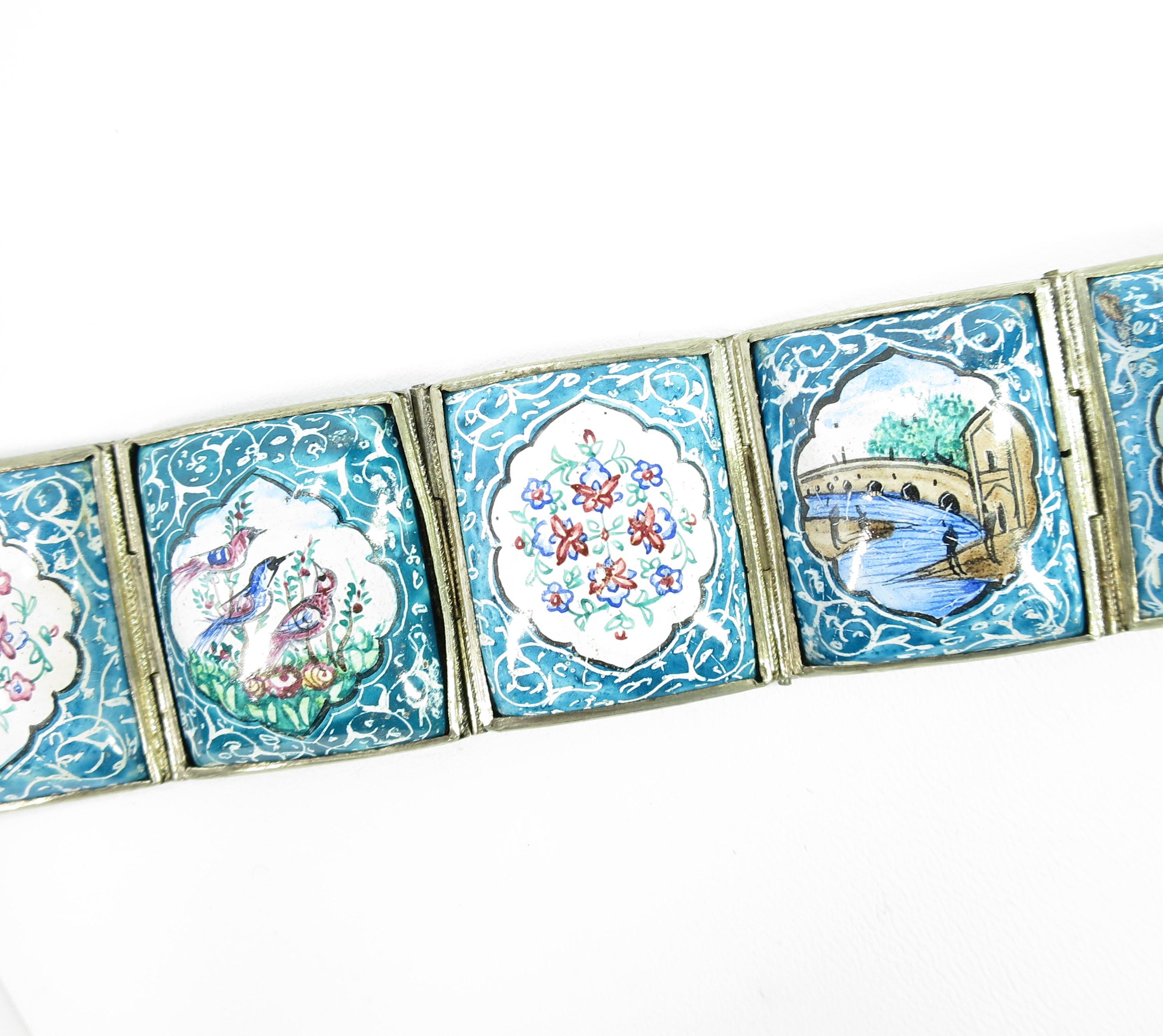 Persian Isfahan Silver Enamel Articulated Panel Bracelet, Artist-Signed 1930s In Good Condition For Sale In Burbank, CA
