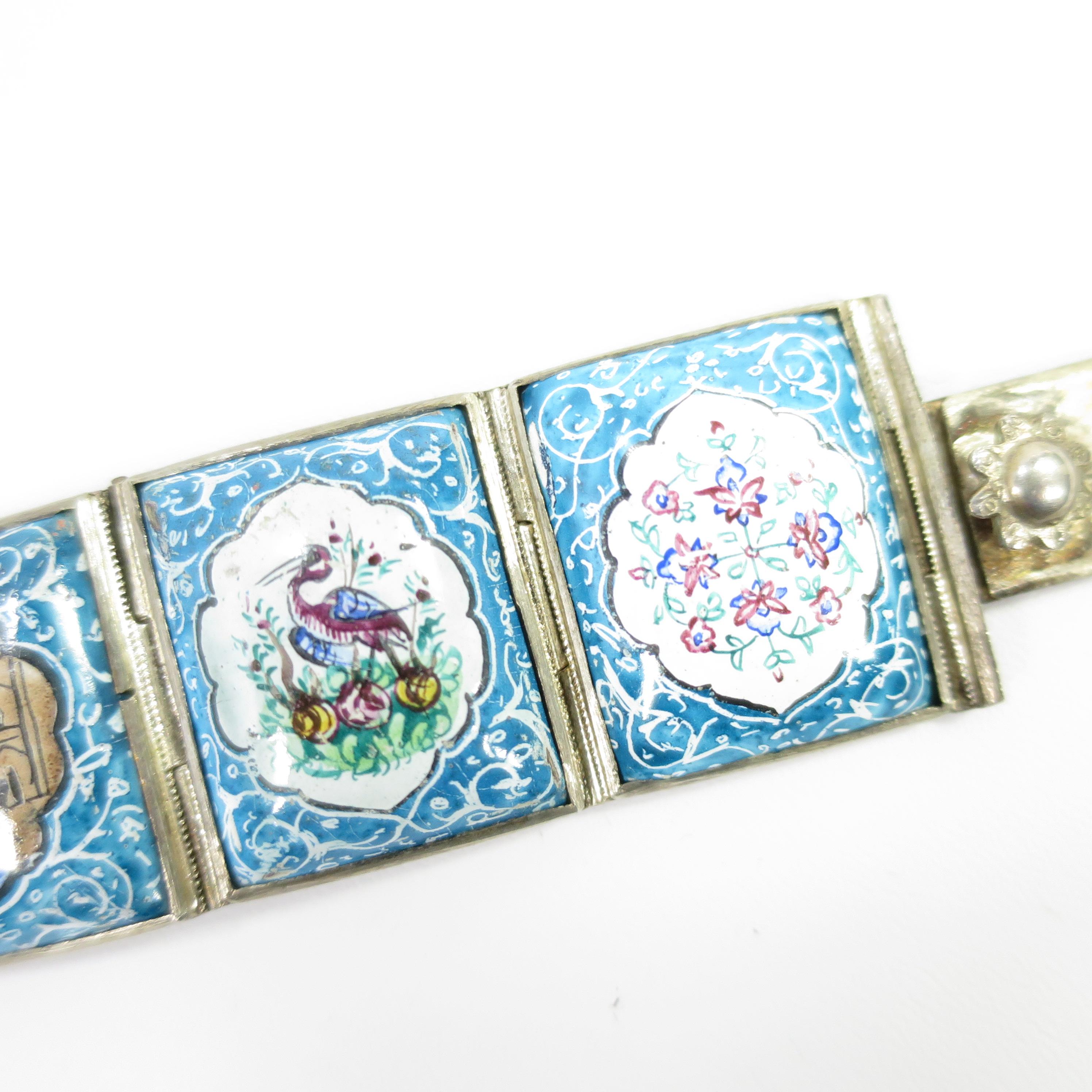 Women's Persian Isfahan Silver Enamel Articulated Panel Bracelet, Artist-Signed 1930s For Sale