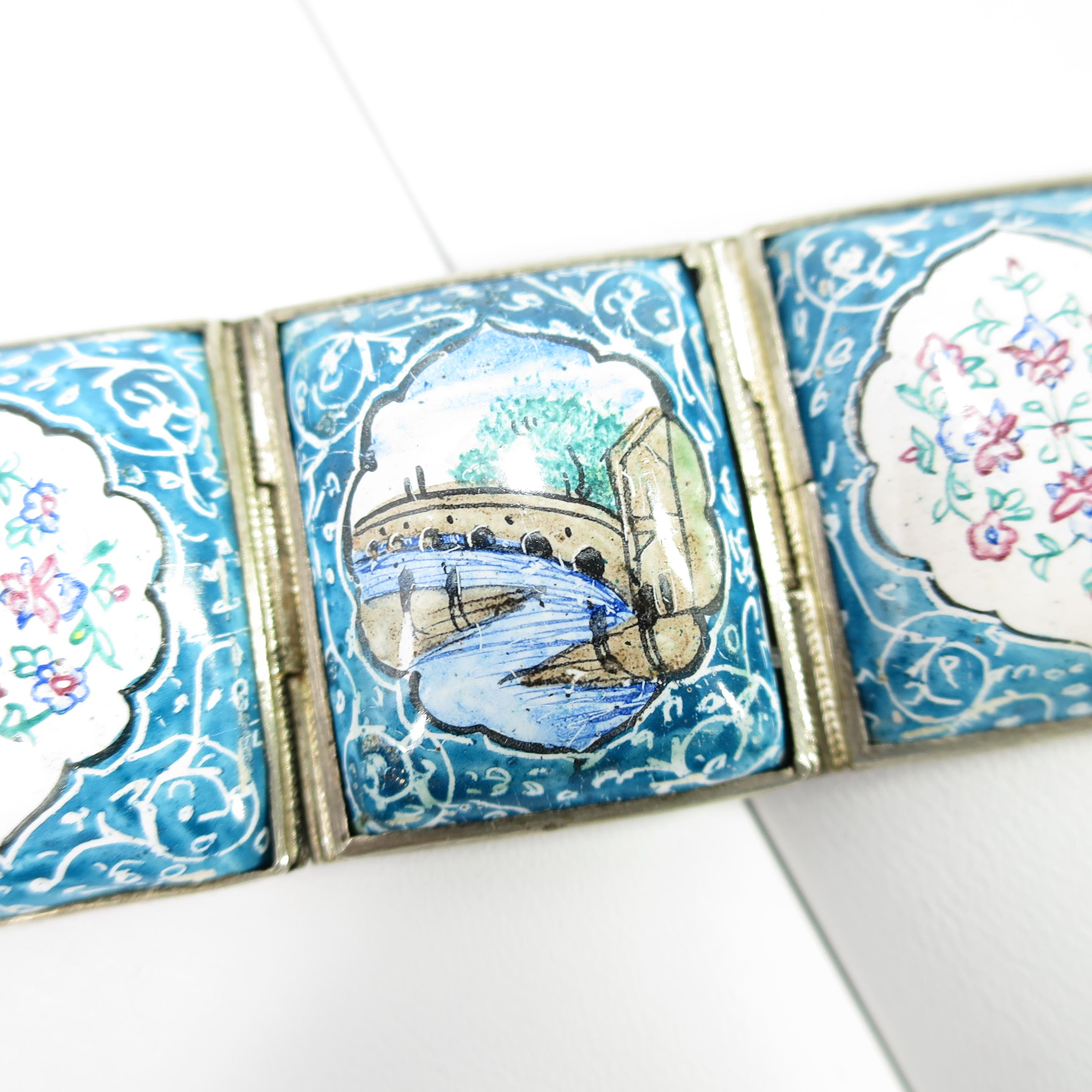Persian Isfahan Silver Enamel Articulated Panel Bracelet, Artist-Signed 1930s For Sale 1