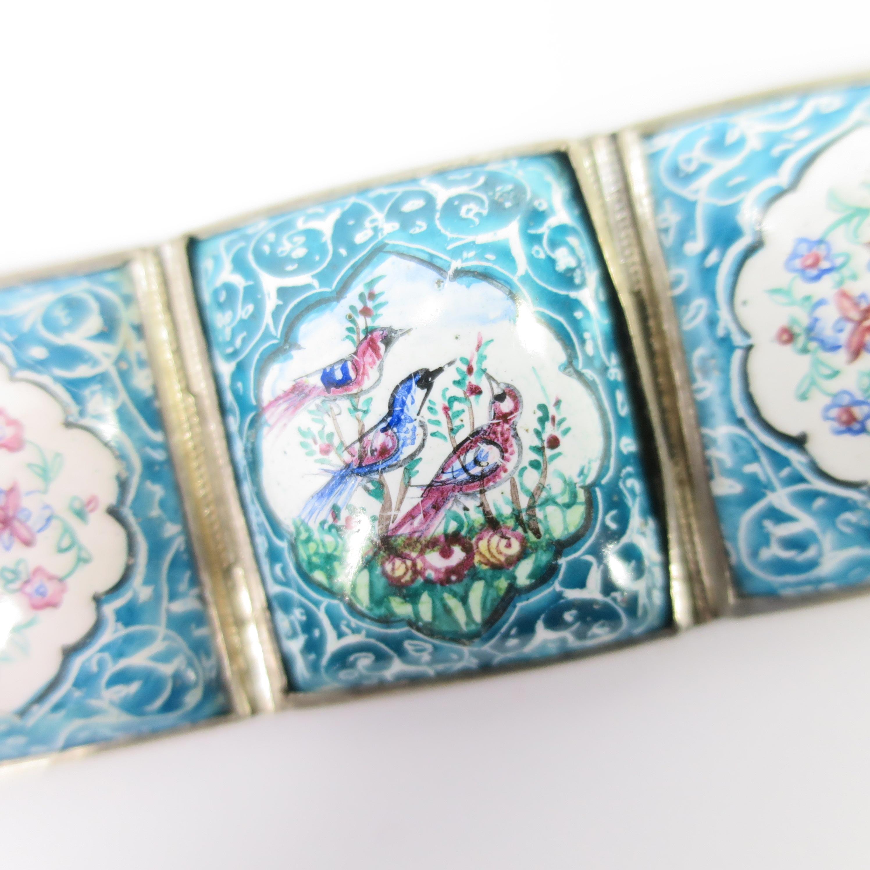 Persian Isfahan Silver Enamel Articulated Panel Bracelet, Artist-Signed 1930s For Sale 2