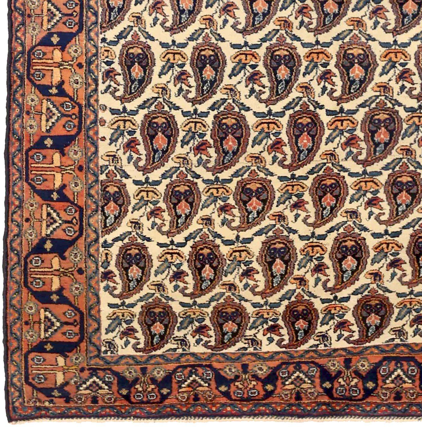 Asiatique Petit tapis persan Isfahan Circa 1910 - Laine Ivoire Bleu marine Rouge 71564 en vente