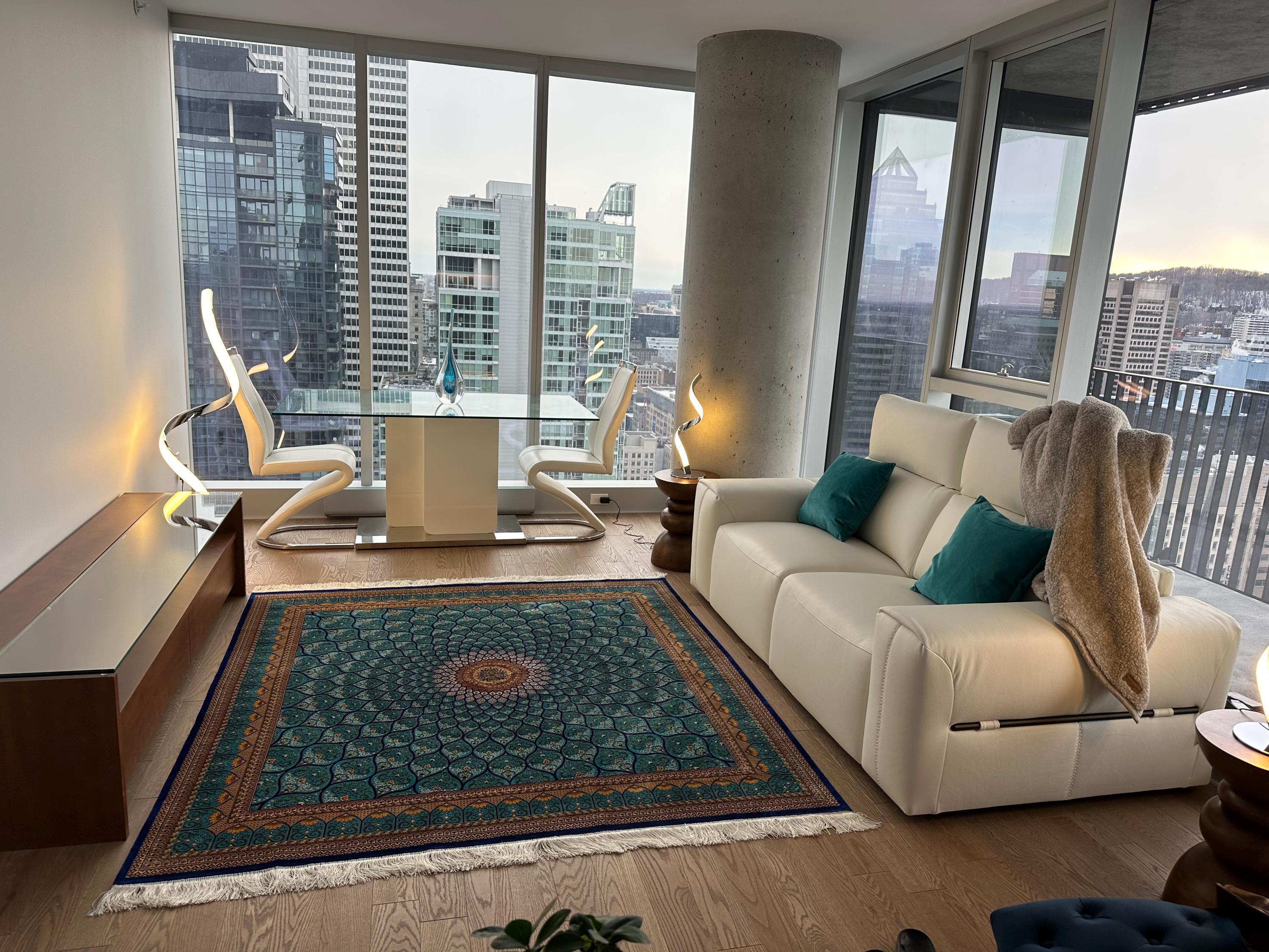 Contemporary Persian Isfahan Style Blue Natural Silk Radiant Medallion Carpet, 2x2m For Sale