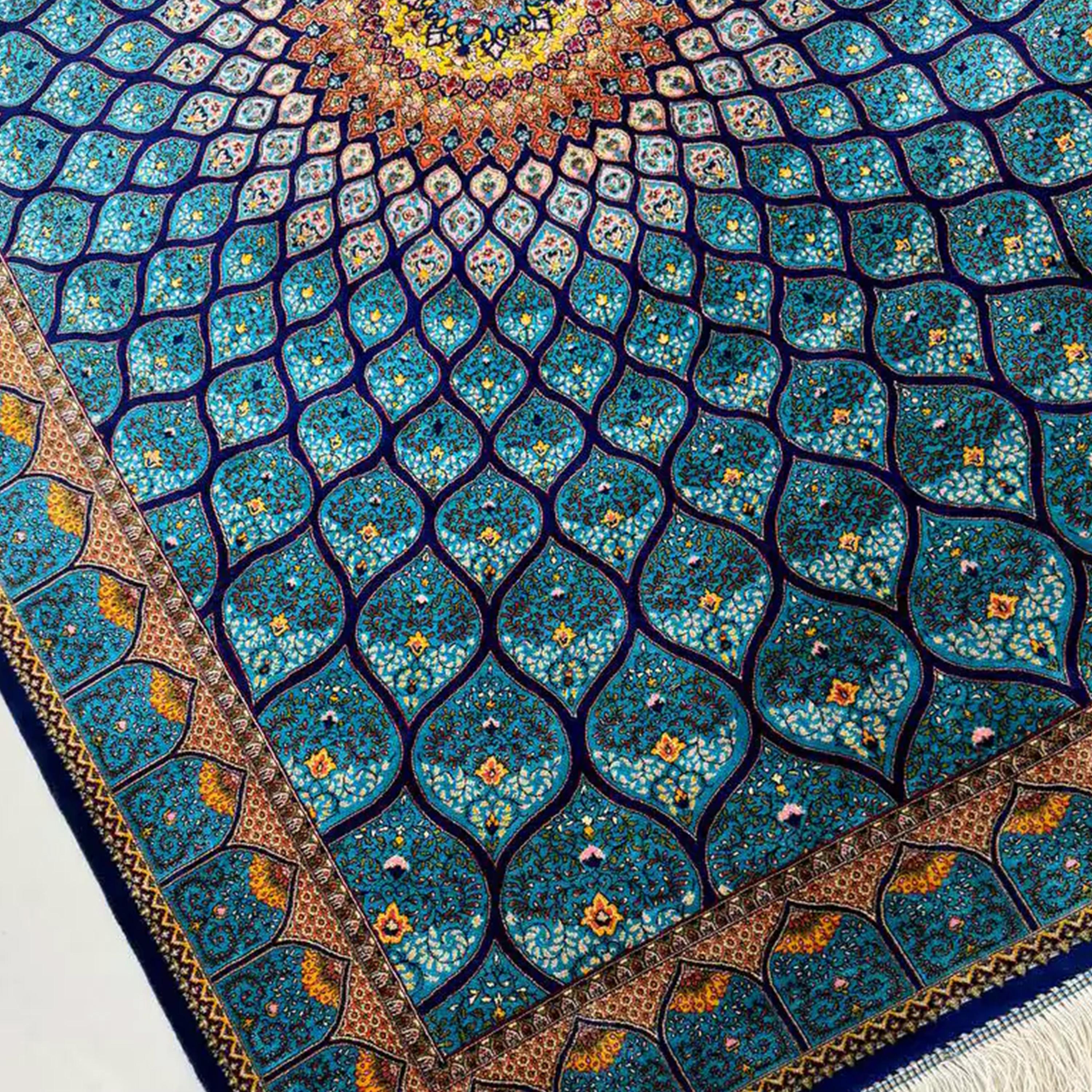 Persian Isfahan Style Blue Natural Silk Radiant Medallion Carpet, 2x2m For Sale 1