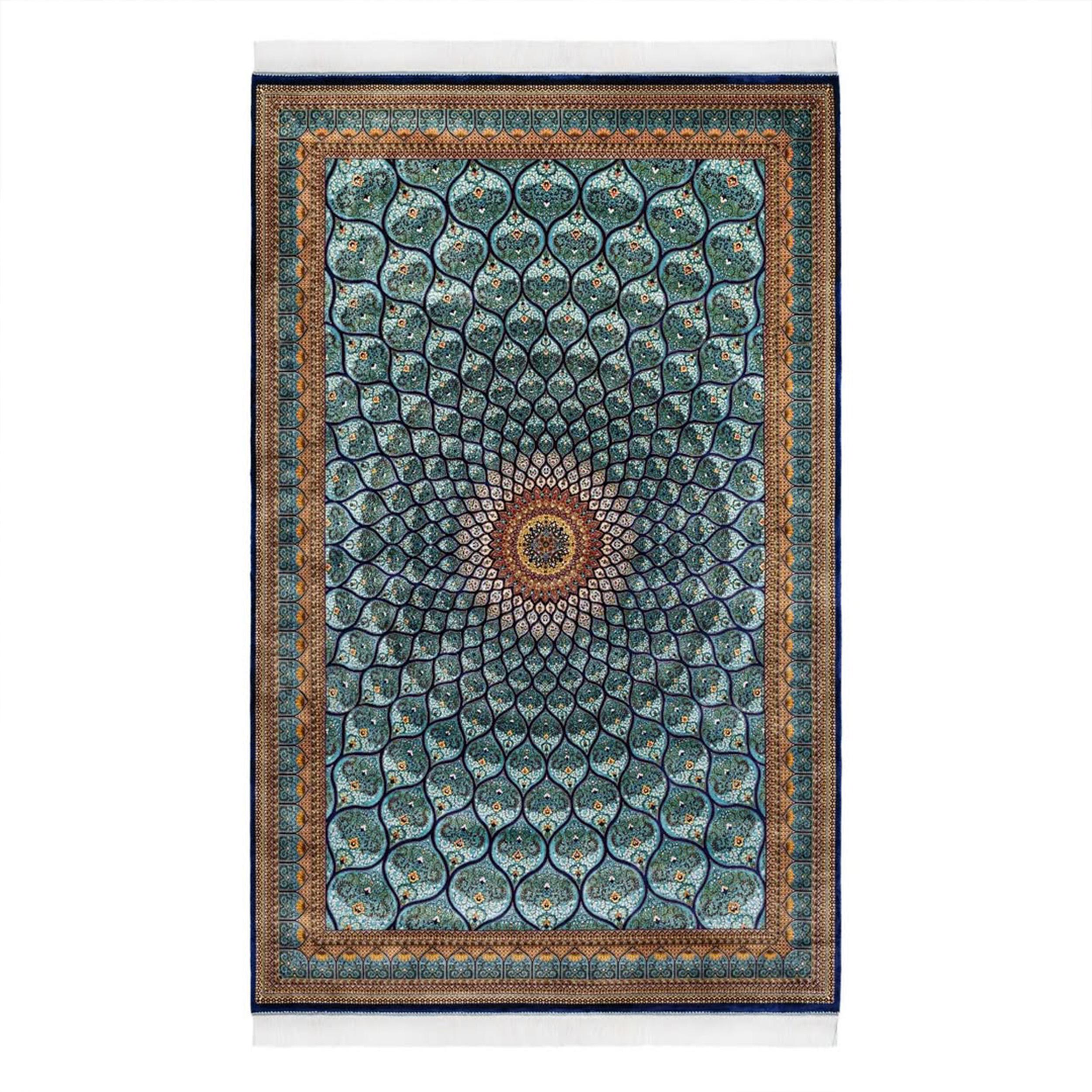 Persian Isfahan Style Blue Natural Silk Radiant Medallion Carpet, 2x2m For Sale 2
