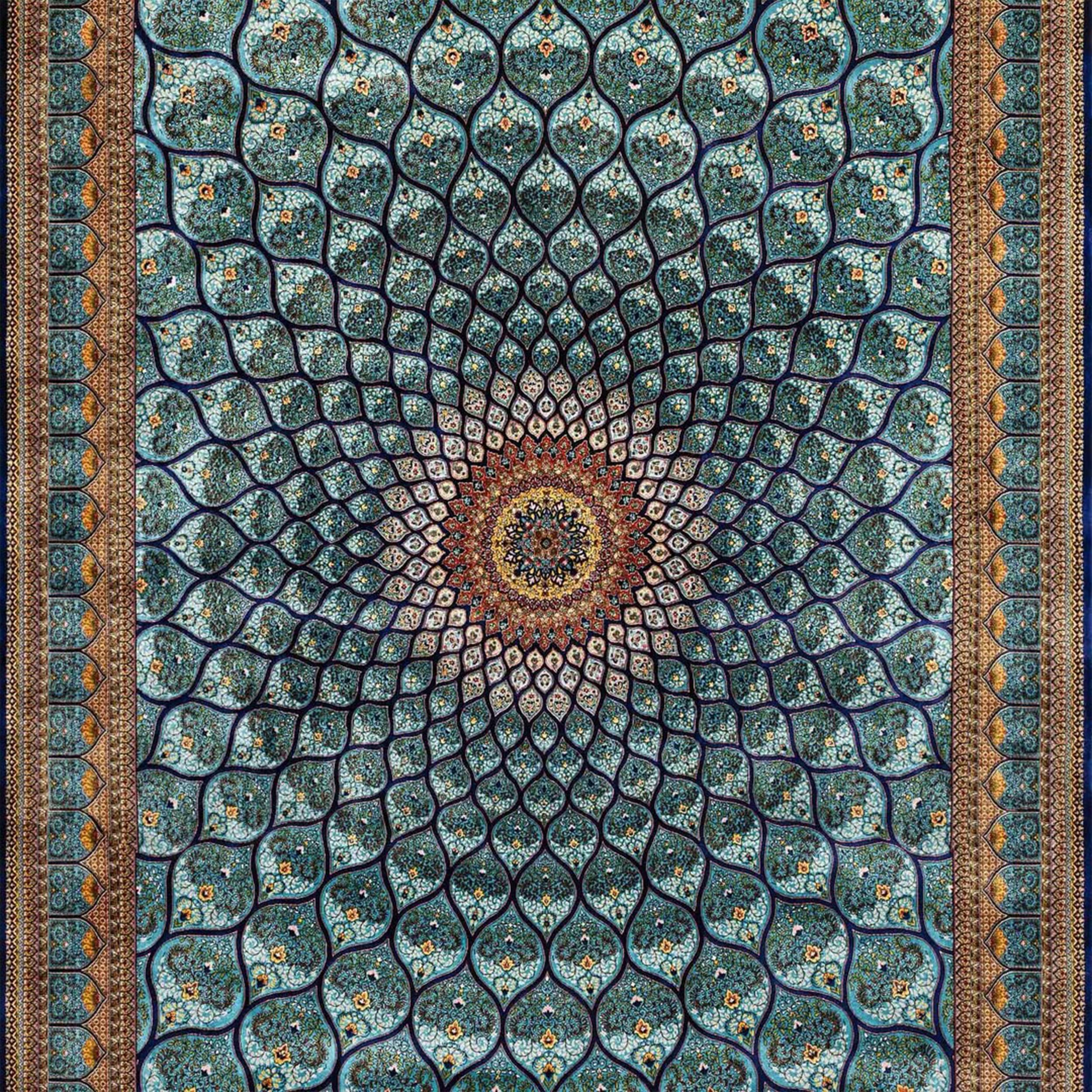 Persian Isfahan Style Blue Natural Silk Radiant Medallion Carpet, 2x2m For Sale 3