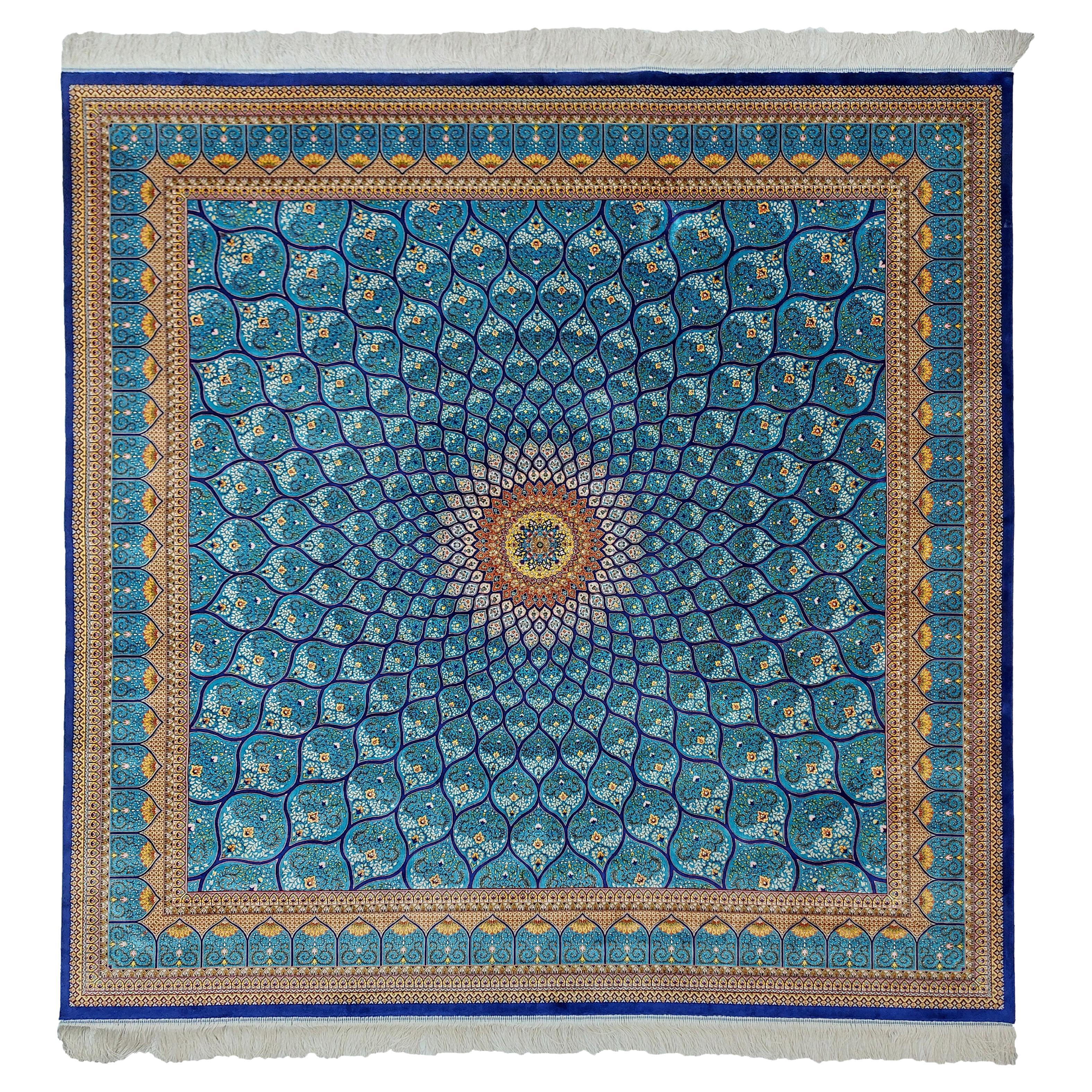 Persian Isfahan Style Blue Natural Silk Radiant Medallion Carpet, 2x2m For Sale