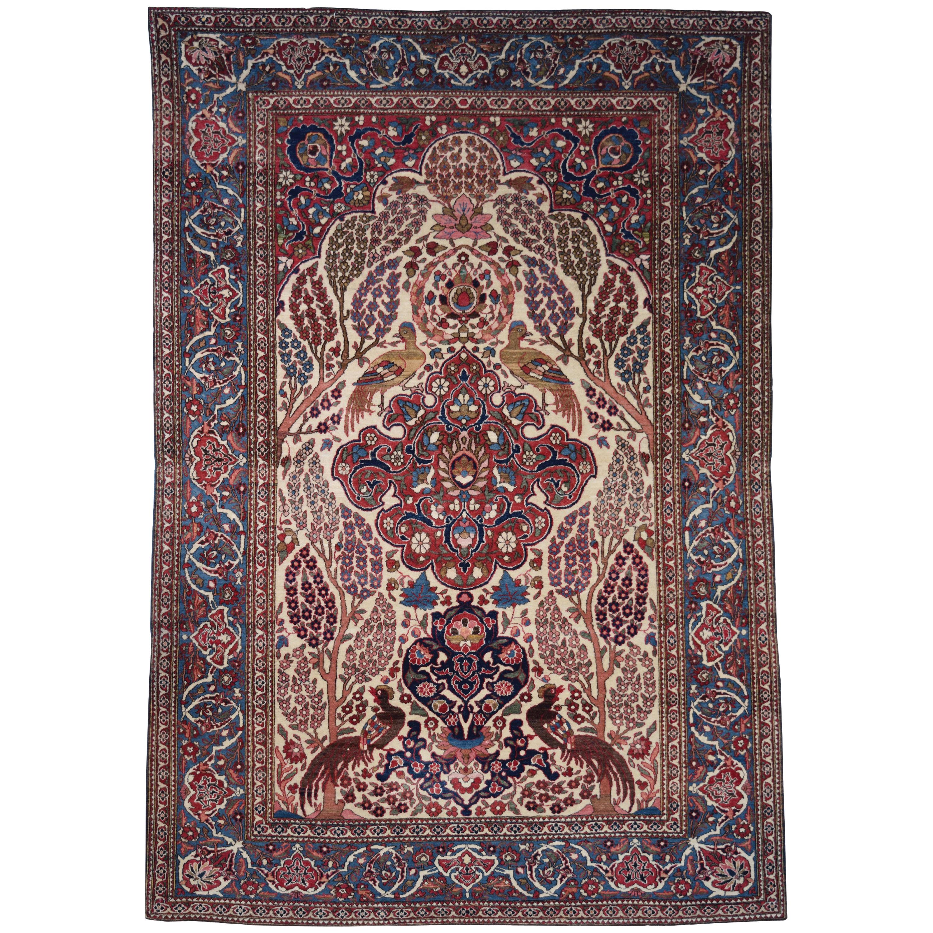 Antique 1890s Persian Isfahan Tree of Life Rug, 5' x 7'