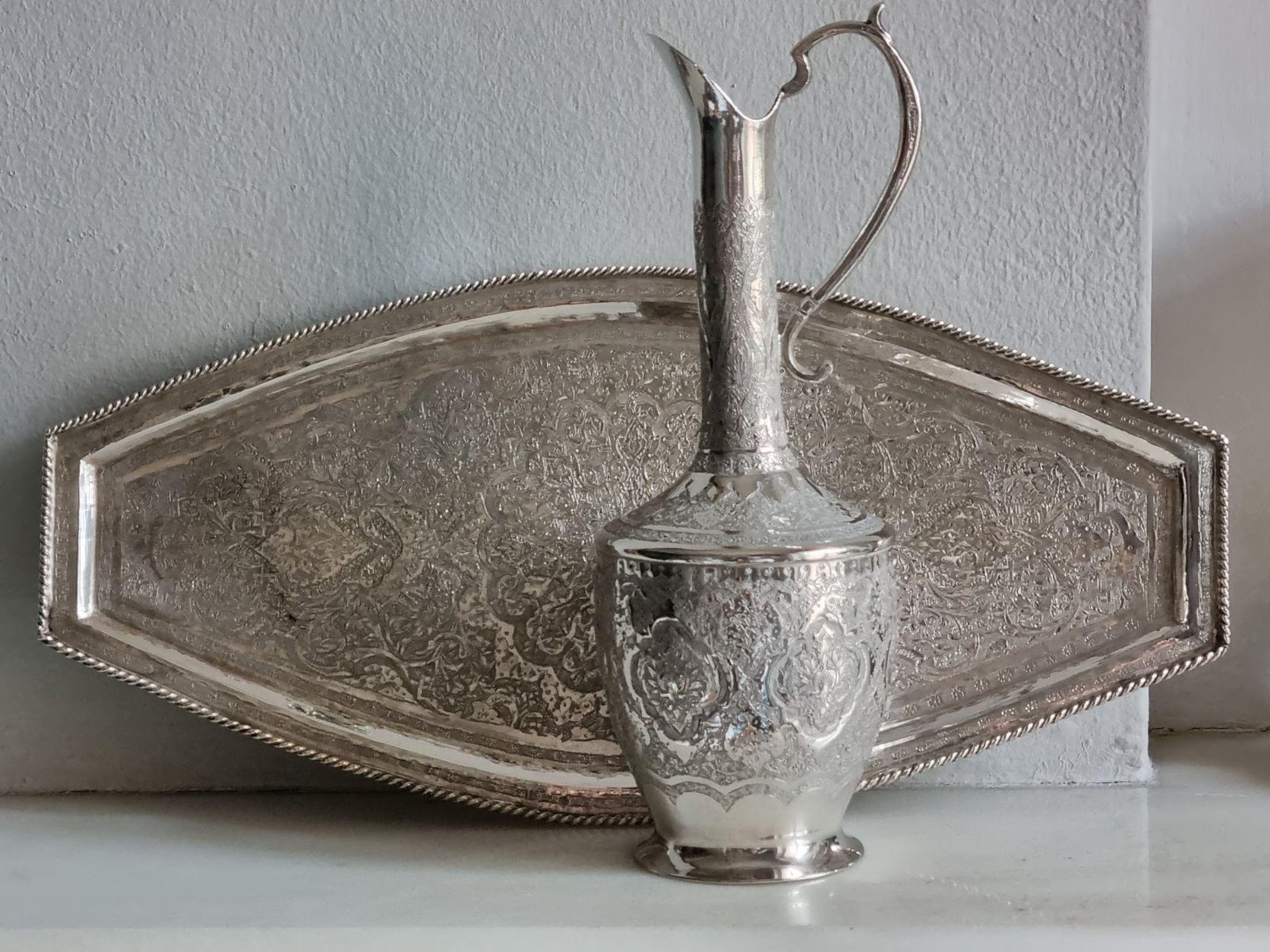 Persian Islamic Solid Silver Set composed of a Jug & 6 Goblets on a Tray  For Sale 3