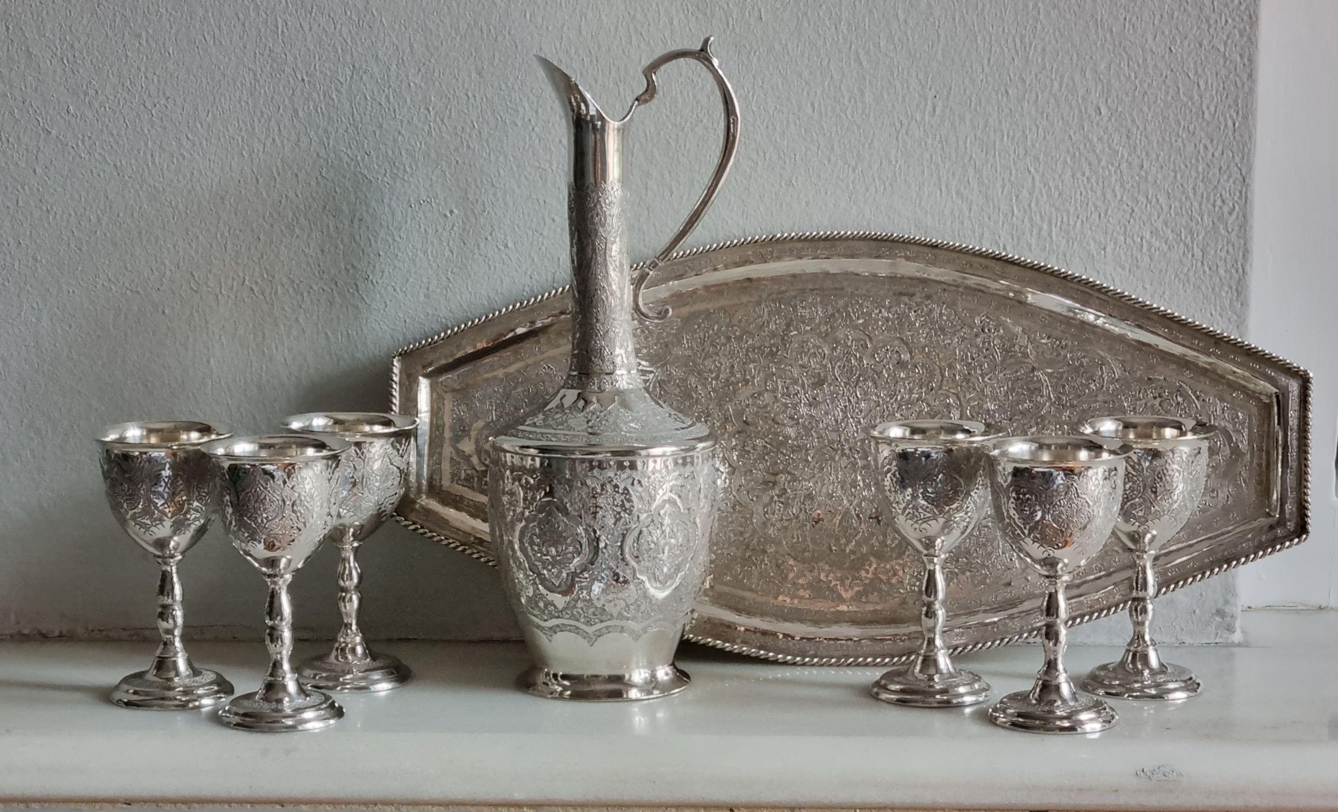Persian Islamic Solid Silver Set composed of a Jug & 6 Goblets on a Tray  For Sale 1