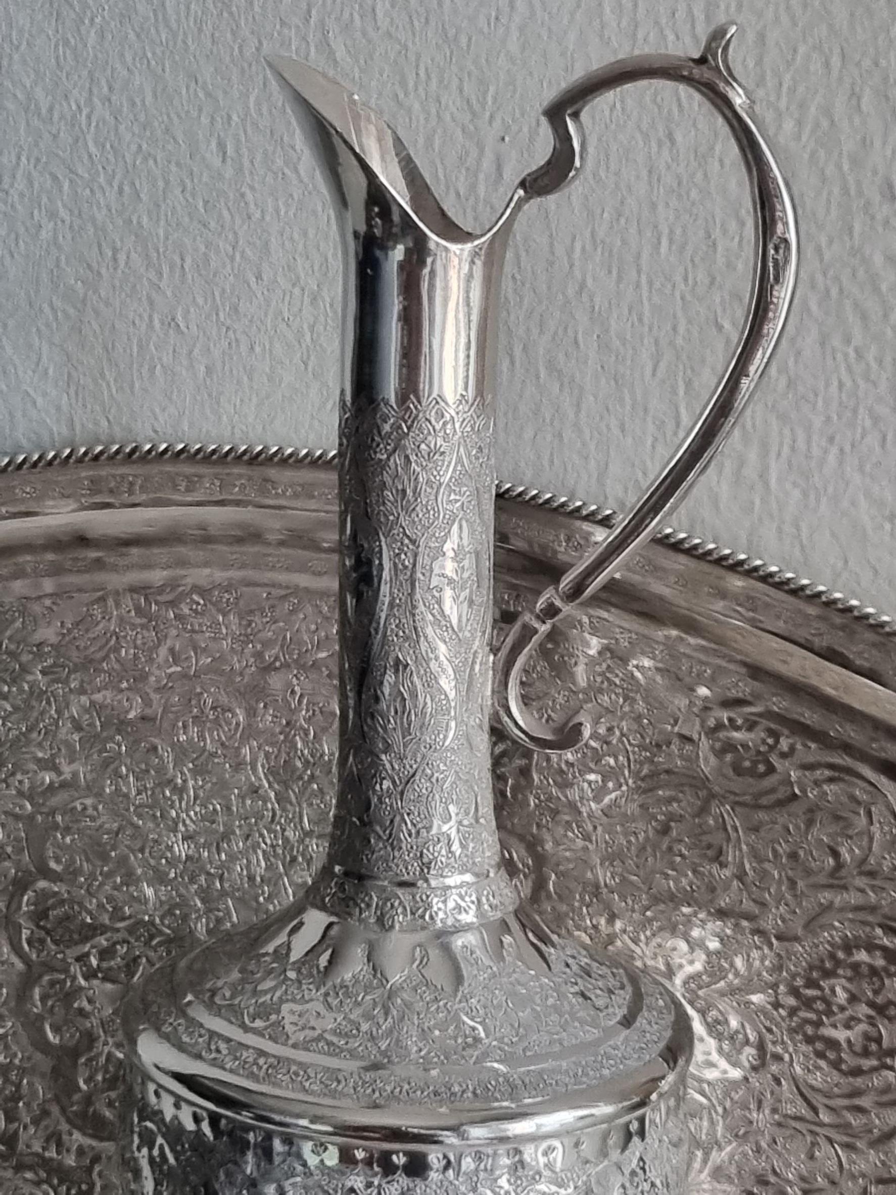 Persian Islamic Solid Silver Set composed of a Jug & 6 Goblets on a Tray  For Sale 2