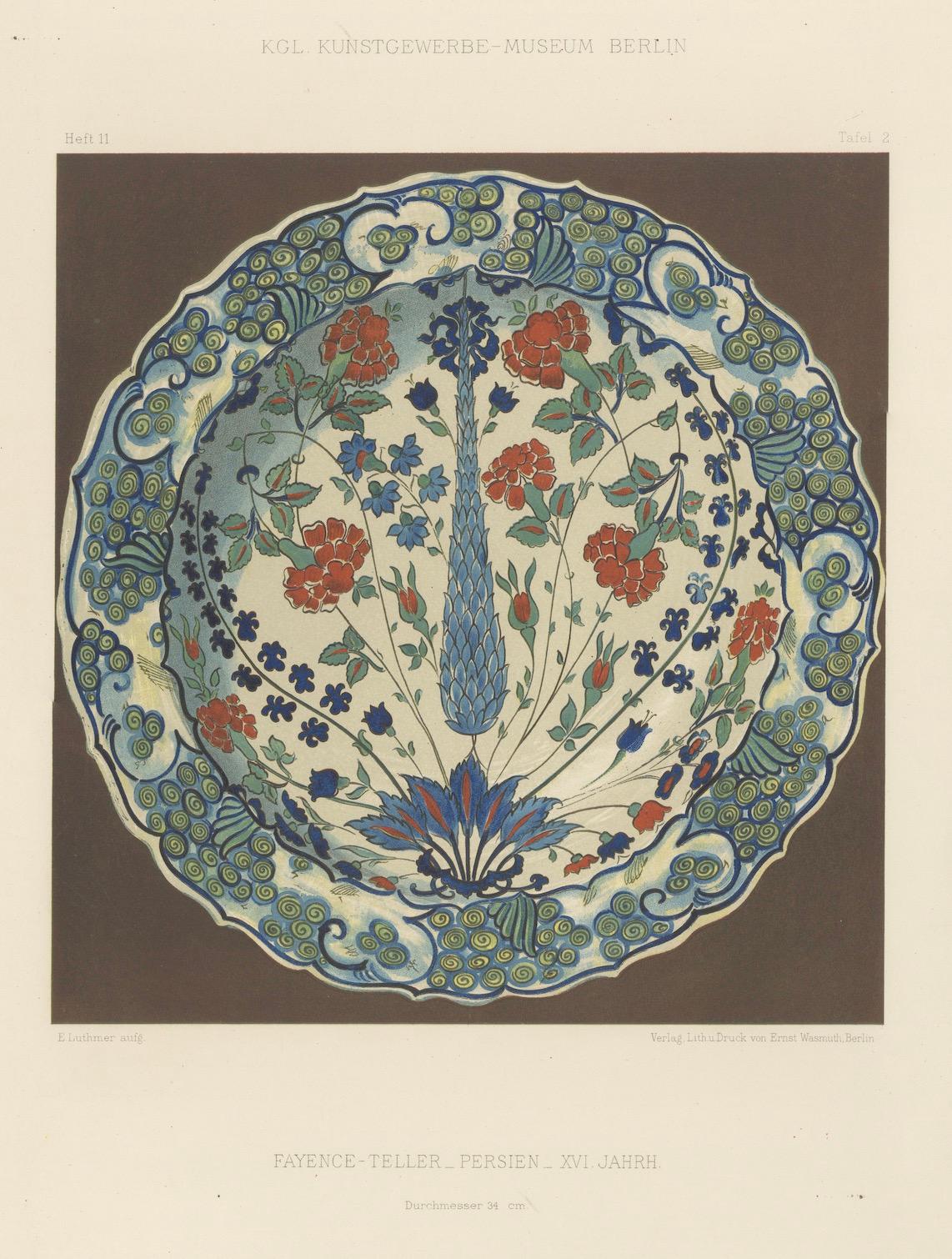 Persischer Fayence-Teller im Iznik-Stil mit floralem Design - Julius Lessing, Berlin 1890

Schöne Chromolithographie aus Persisch-Türkische Fayencen. Teller (Persisch-türkische Fayence-Teller), herausgegeben von Julius Lessing in Berlin, 1890, als