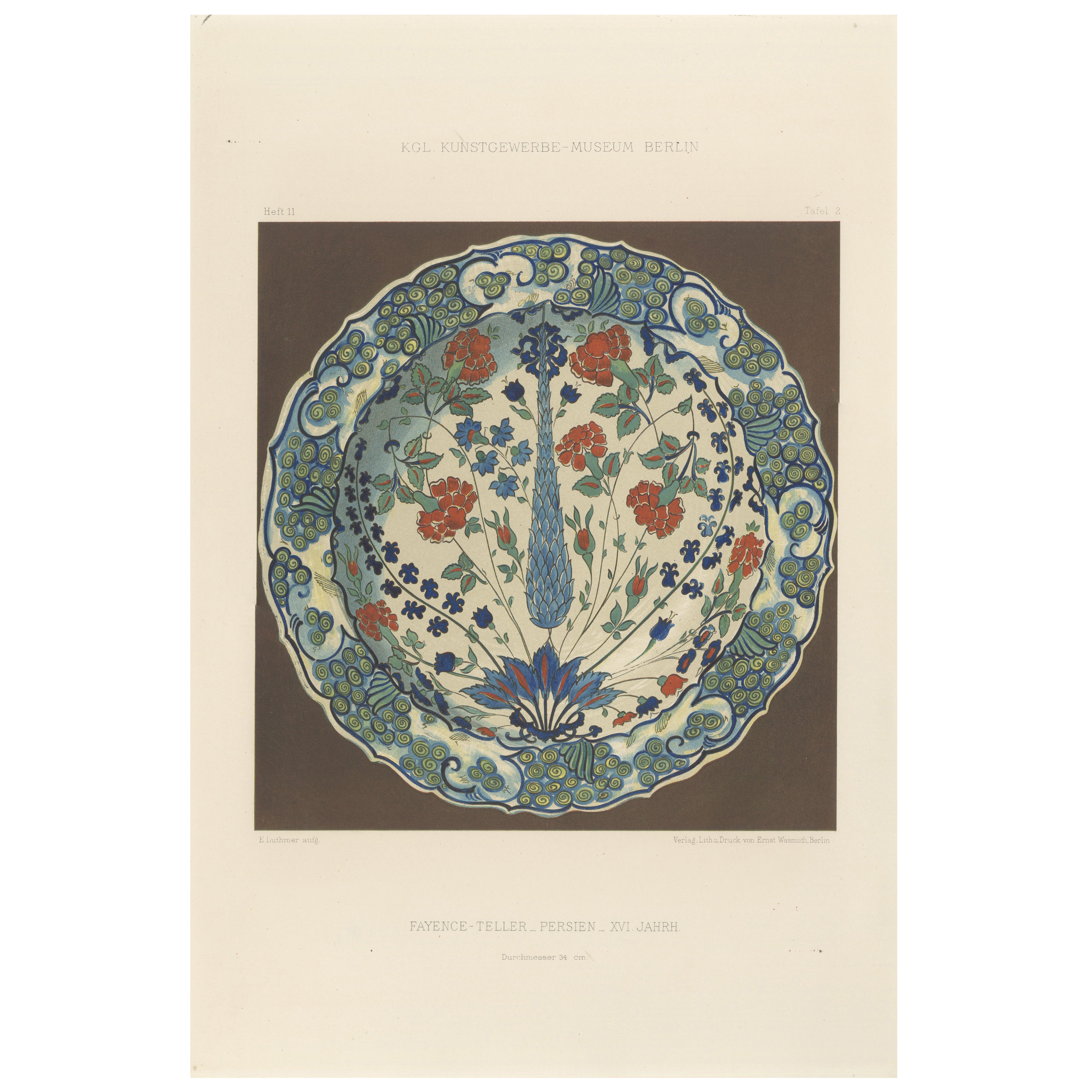 Persischer Fayence-Teller im Iznik-Stil, florales Design - Julius Lessing, Berlin 1890