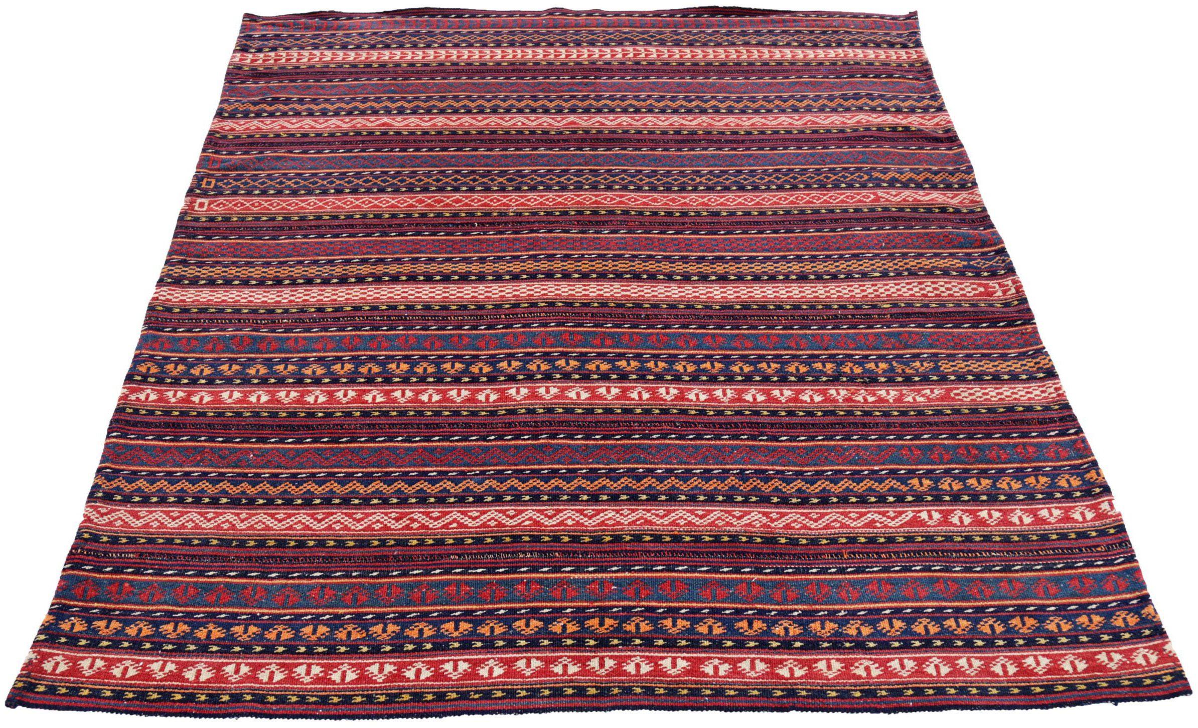 Discover the elegance of Persian Jajim featuring Small Rug in Circa 1910. Designed with Wool and BlackBlueIvoryOrangeRed, this exclusive design is perfect for enhancing your space.