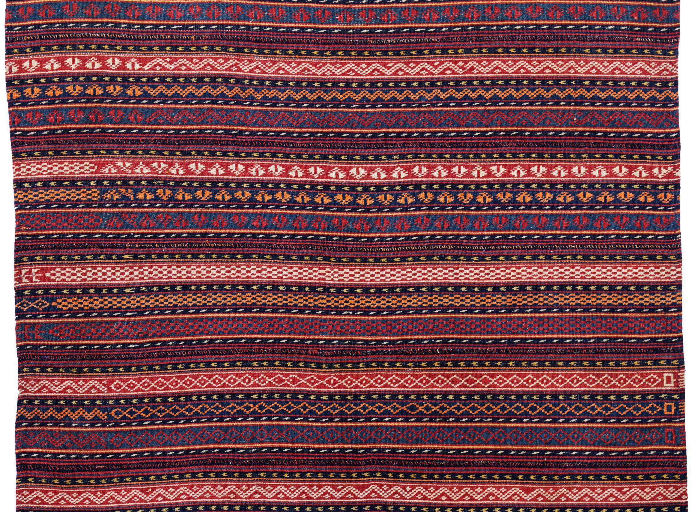 Asian Persian Jajim Small Rug Circa 1910 - Wool Black Blue Ivory Orange Red - 91256 For Sale