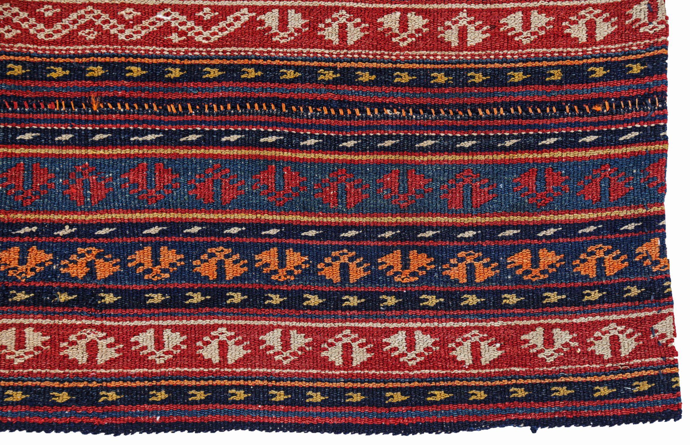 Persian Jajim Small Rug Circa 1910 - Wool Black Blue Ivory Orange Red - 91256 In Excellent Condition For Sale In Dallas, TX