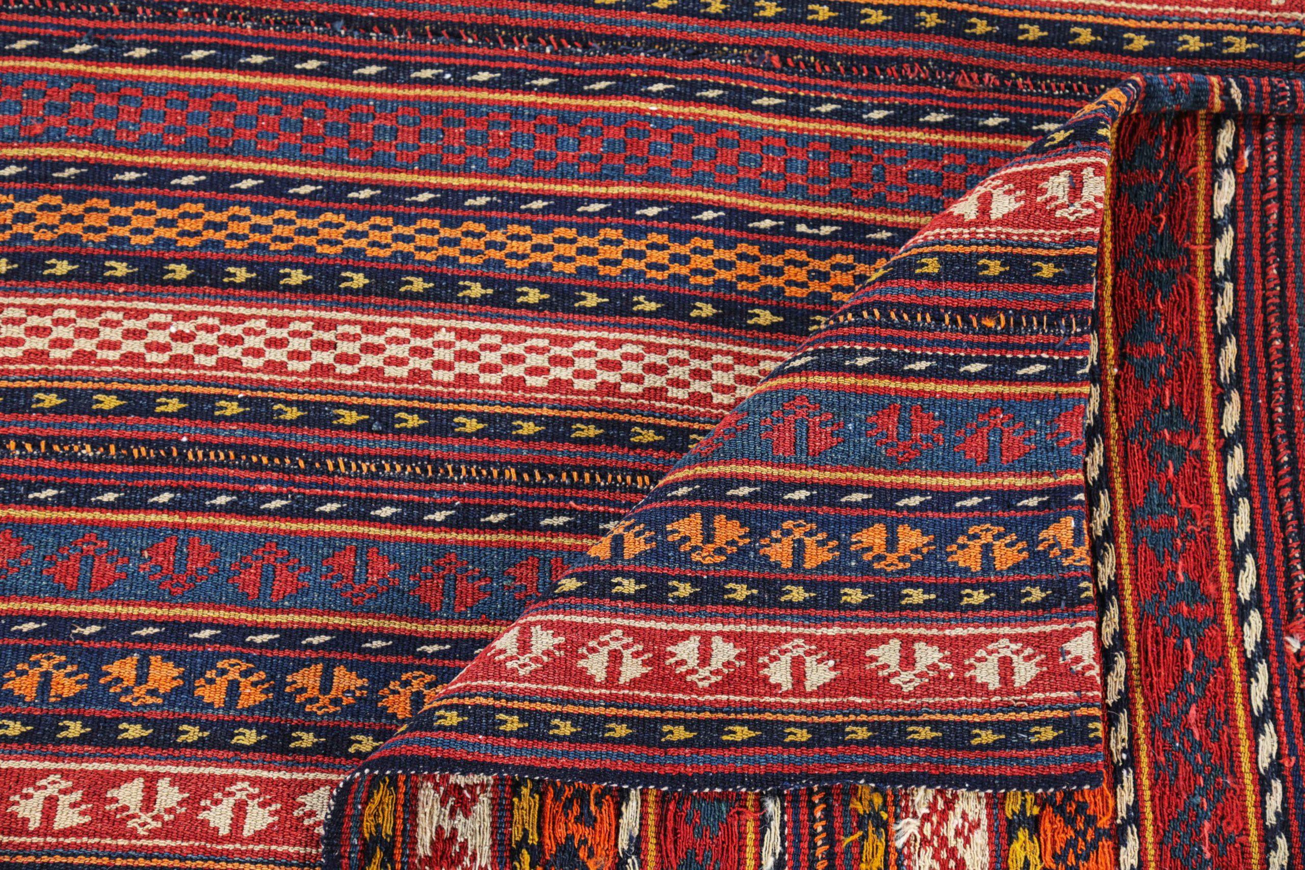20th Century Persian Jajim Small Rug Circa 1910 - Wool Black Blue Ivory Orange Red - 91256 For Sale