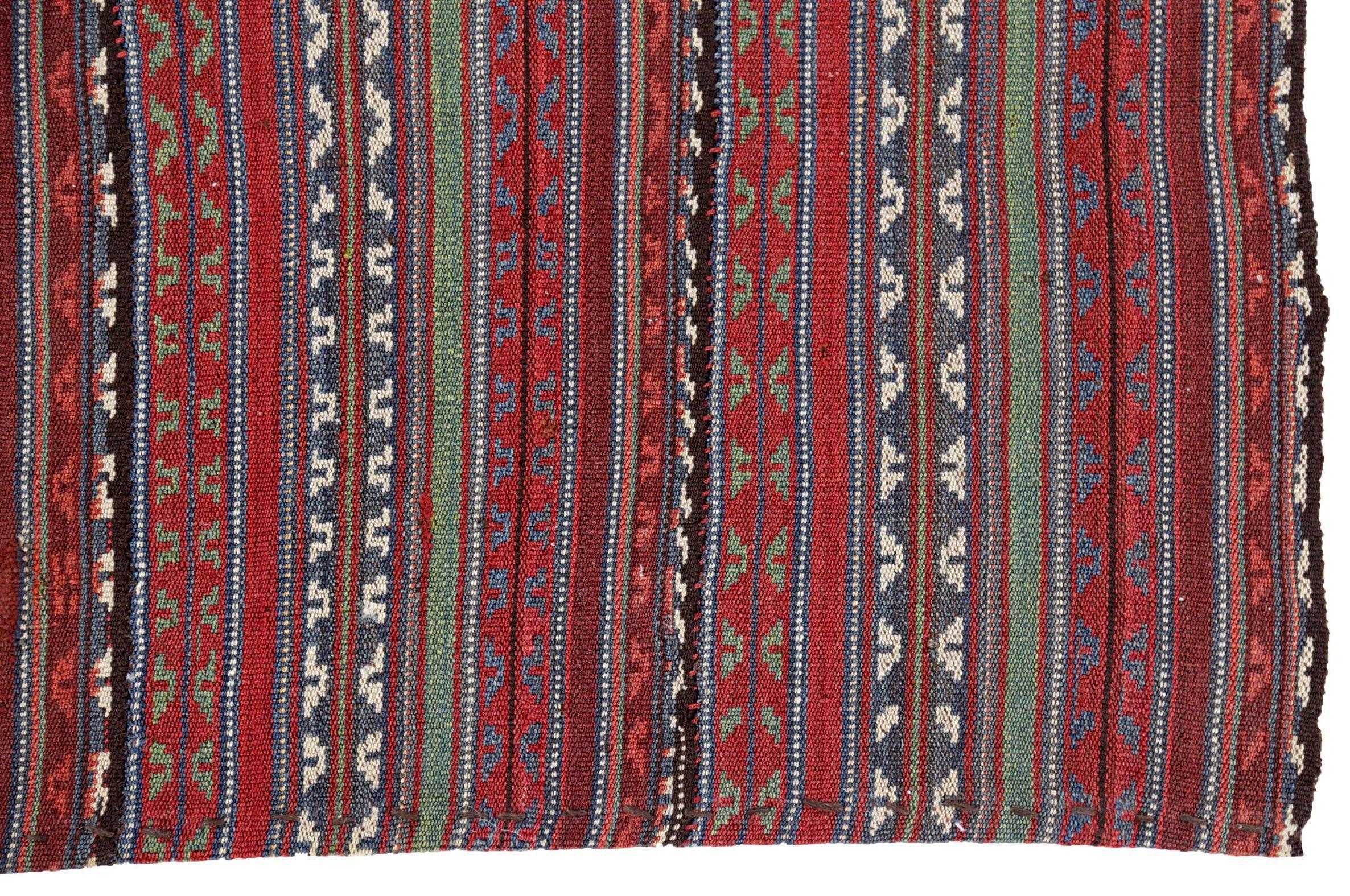 Persischer Jajim Kleiner Teppich Circa 1910 - Wolle Blau Grün Elfenbein Rot Design - 91114 im Zustand „Hervorragend“ im Angebot in Dallas, TX