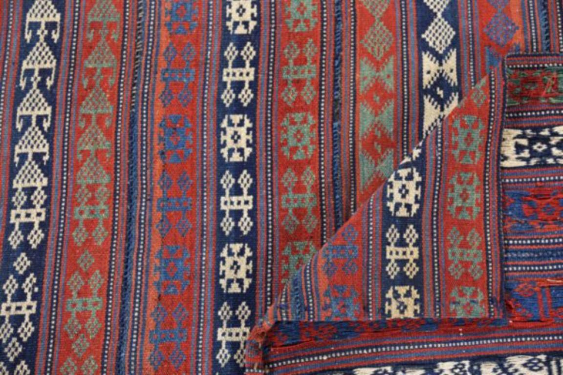 Persischer Jajim Kleiner Teppich Circa 1910 - Wolle Blau Grün Elfenbein Rot Design - 91390 (20. Jahrhundert) im Angebot