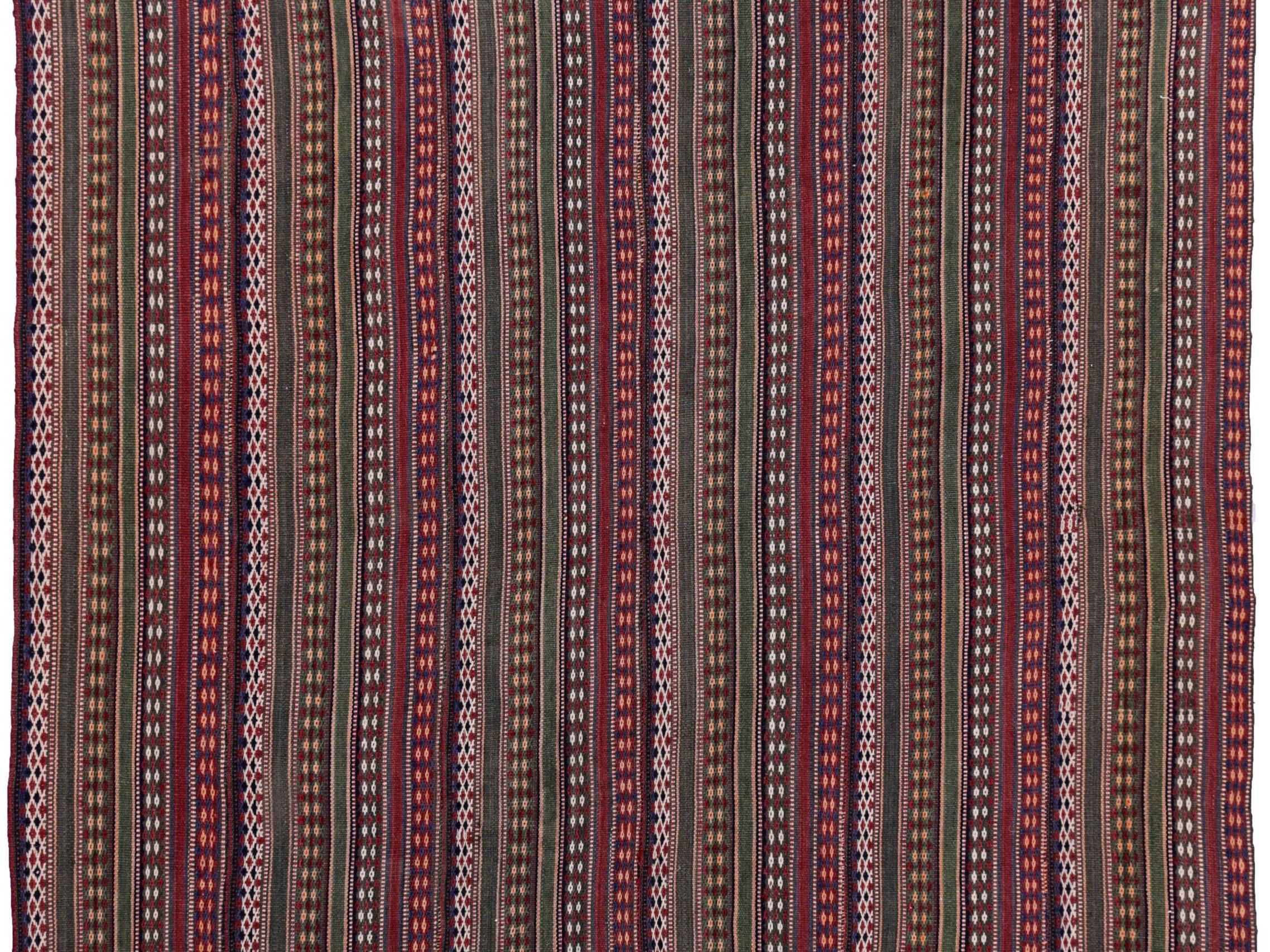 Persischer Jajim Kleiner Teppich Circa 1910 - Wolle Grün Elfenbein Rot Design - 91361 (Asiatisch) im Angebot