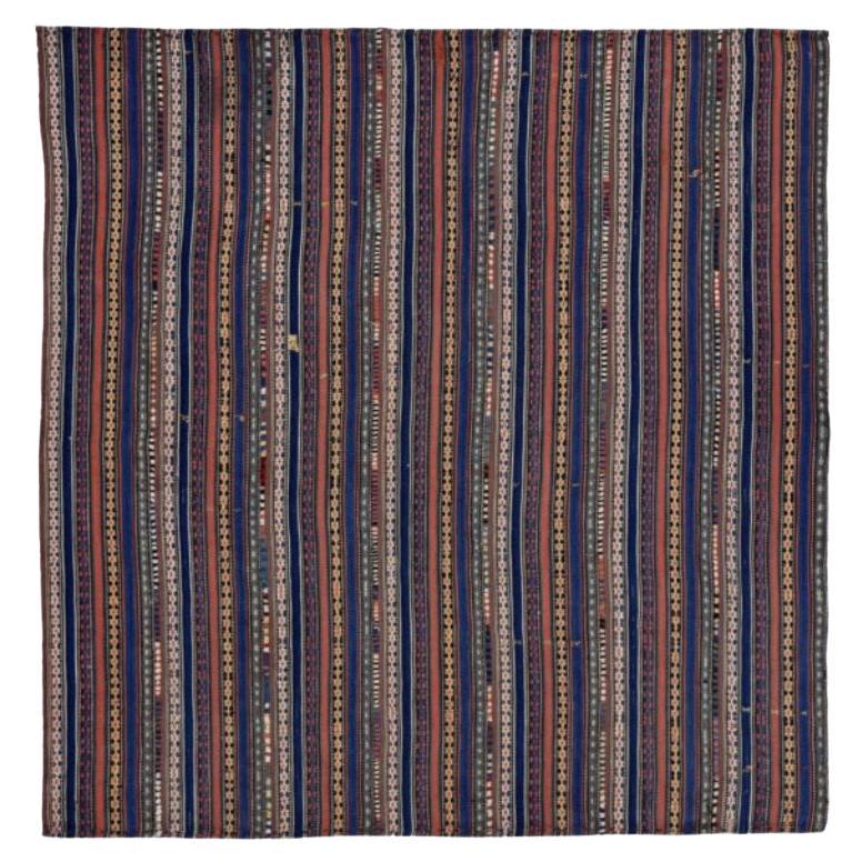 Persian Jajim Square Area Rugs Circa 1910 - Wool Blue Ivory Pink Yellow - 91363