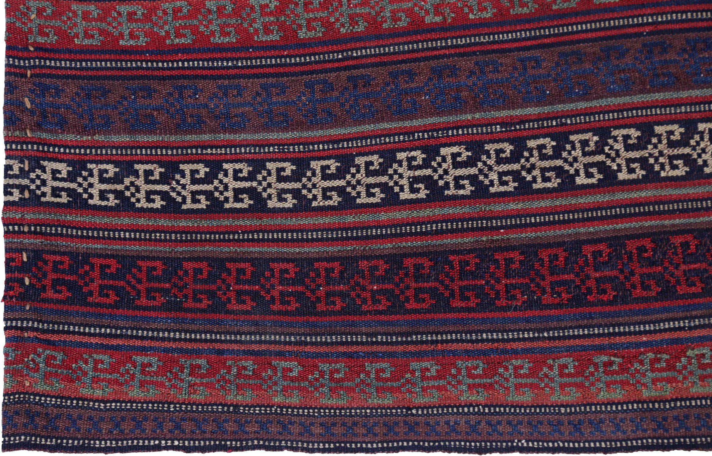 Persische Jajim Quadratische Teppiche Circa 1910 - Wolle Blau Elfenbein Rot Design - 91340 (20. Jahrhundert) im Angebot