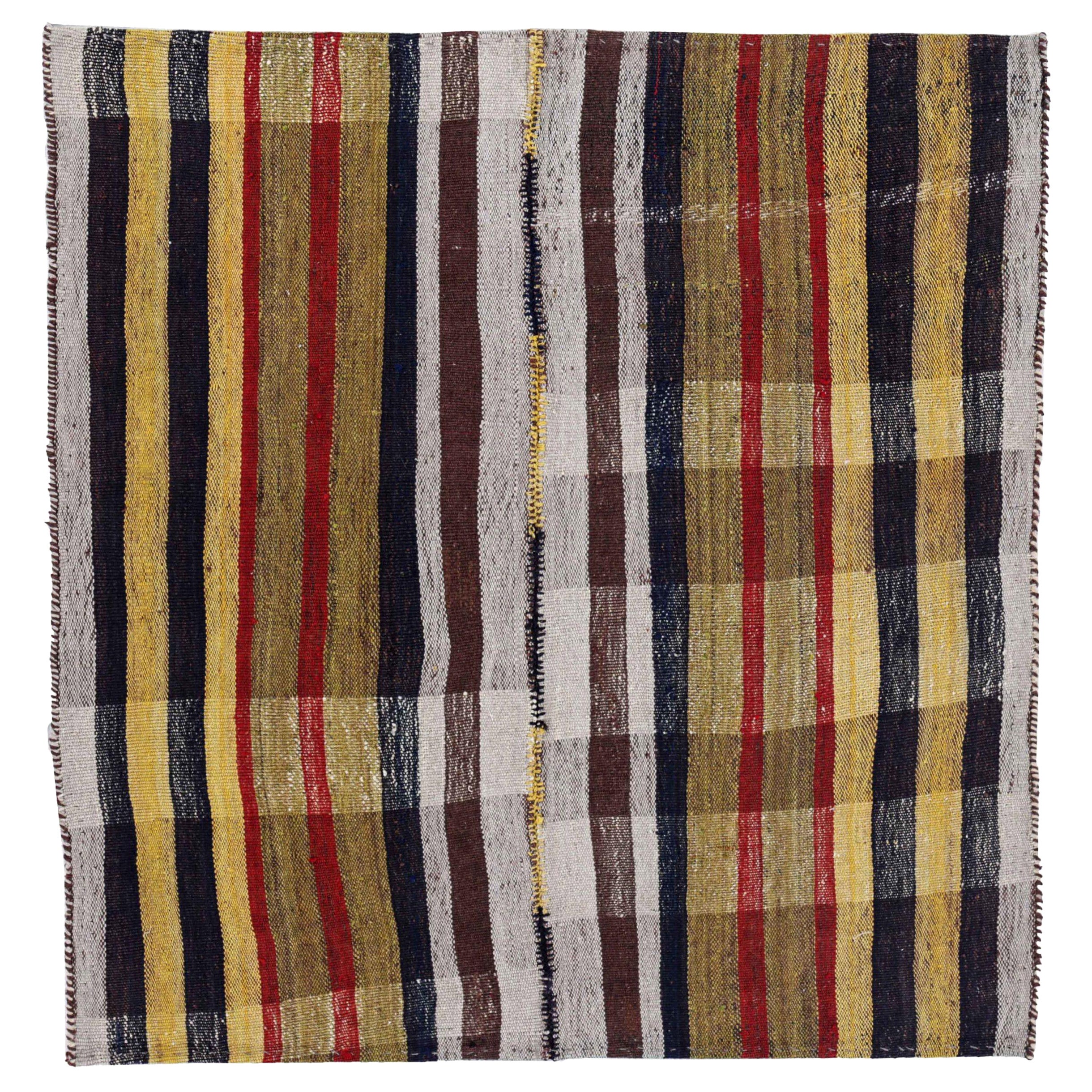 Tapis carré persan Jajim Circa 1910 - Laine Brown Green Yellow - 91365