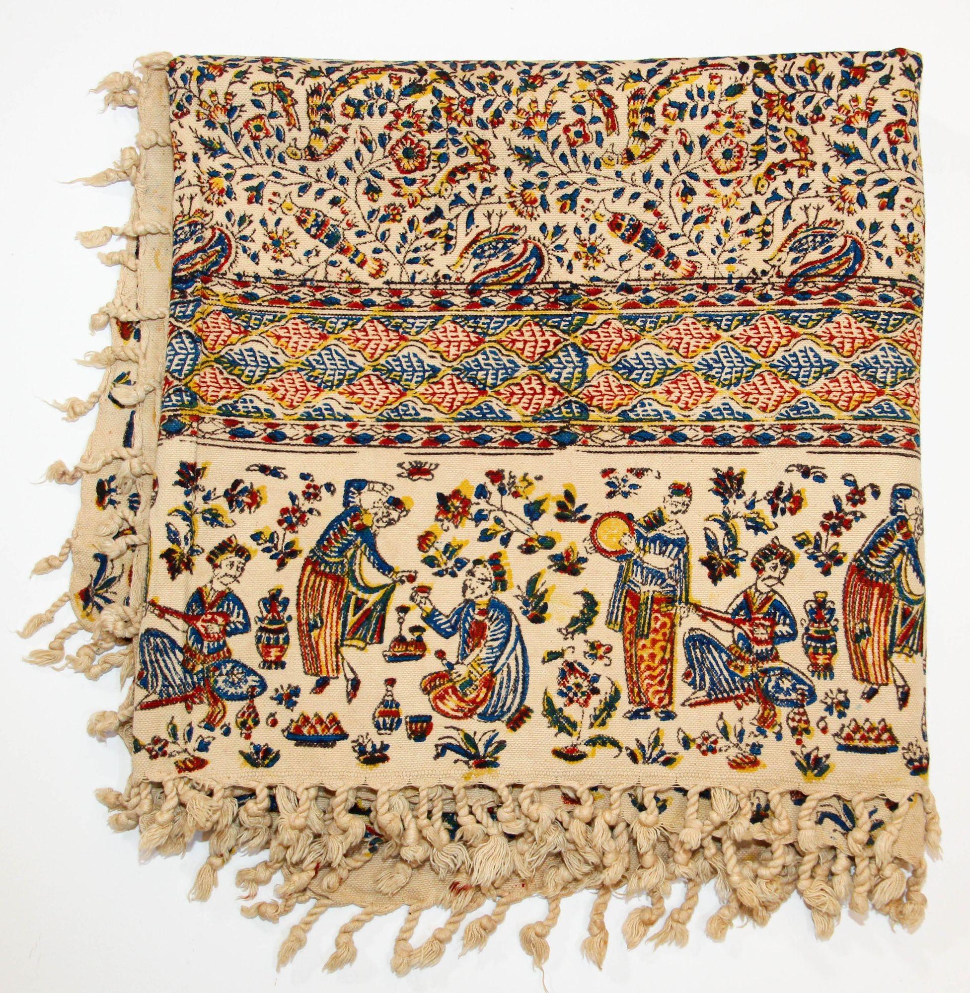 Linen Persian Kalamkar Hand-Blocked Tapestry Textile Isfahan For Sale