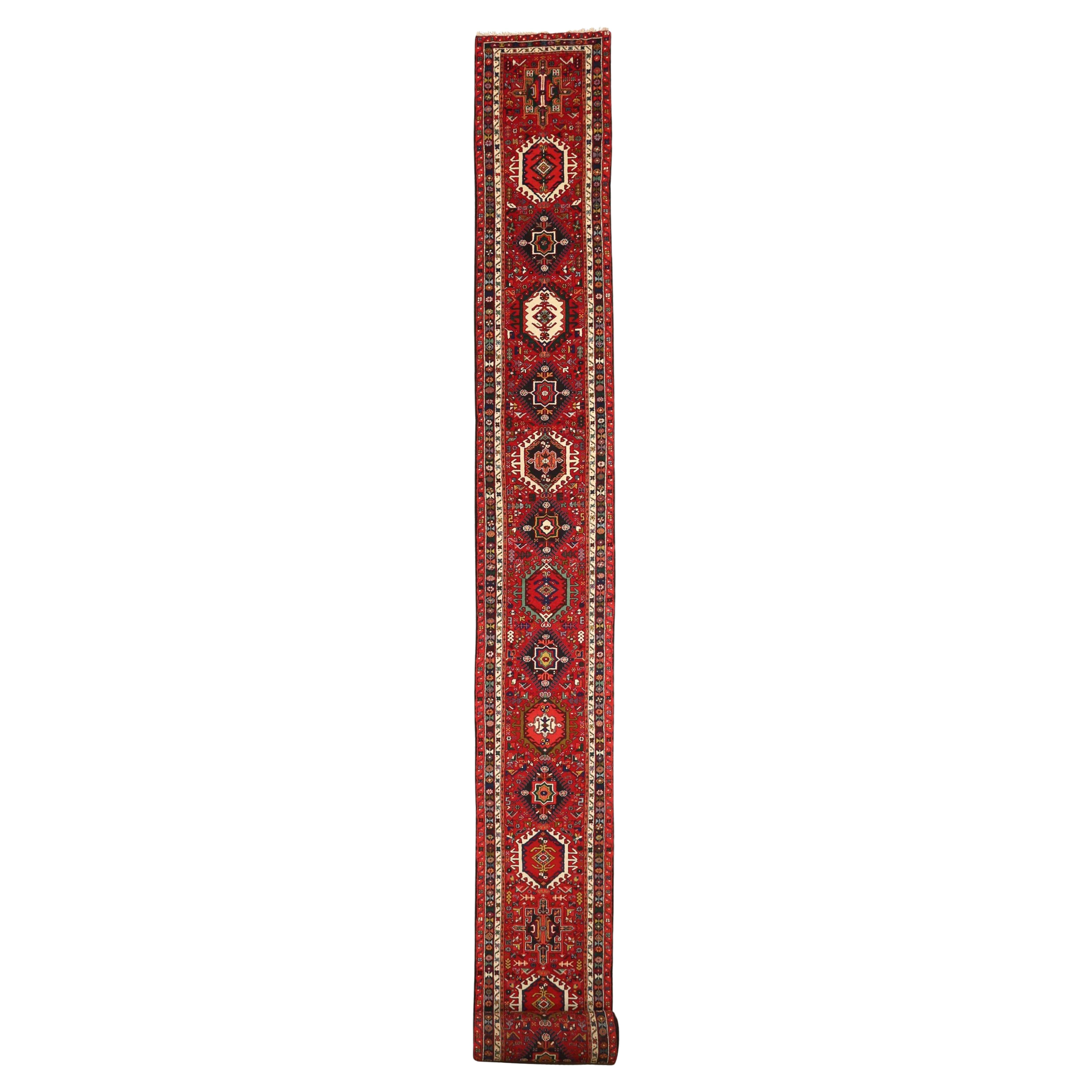 Persian Karajeh Runner Rug Circa 1910 - Wool Black Ivory Red Design - 75491