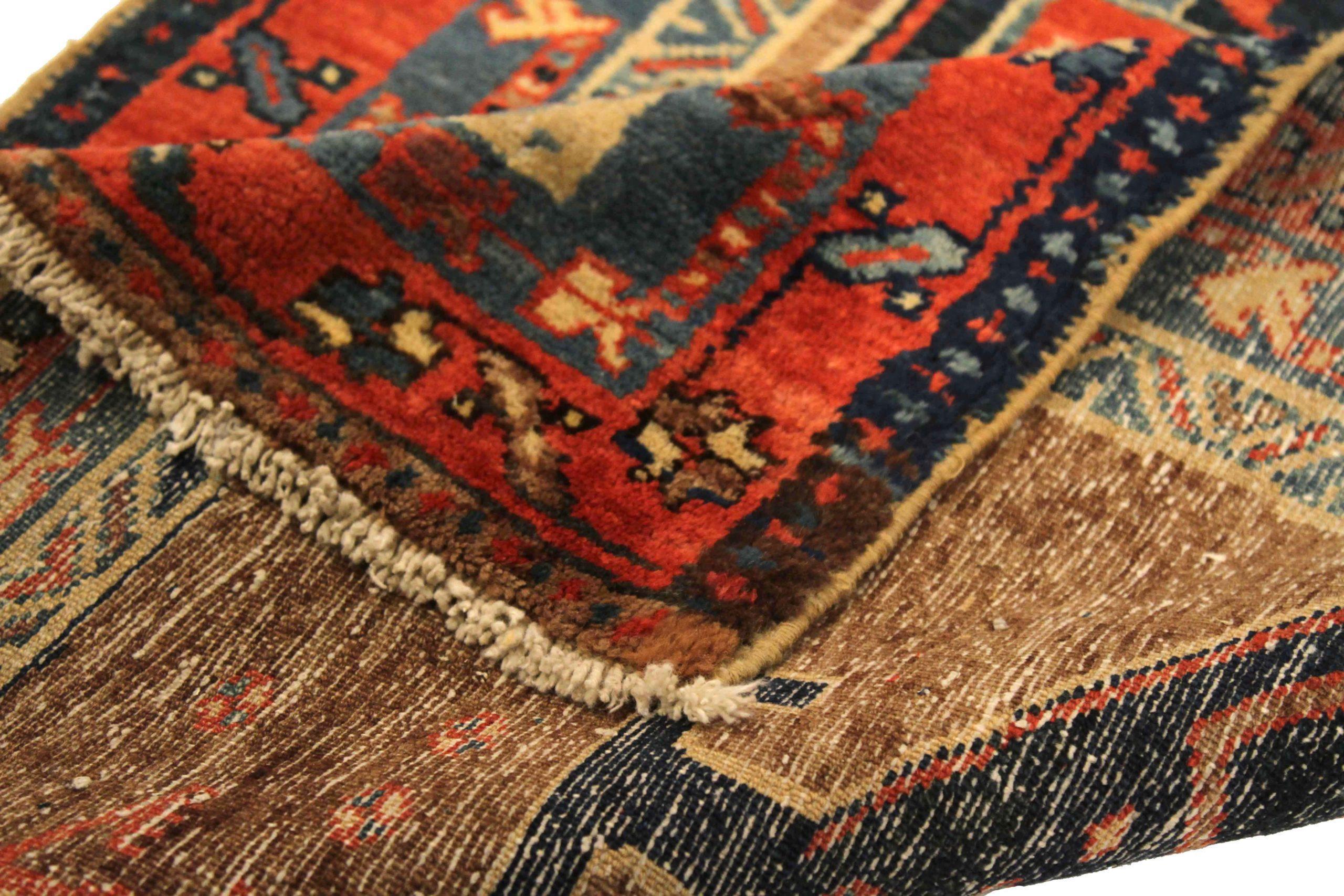 Asiatico Tappeto Persiano Karajeh Runner Circa 1910 - Lana Blu Marrone Rosso 73057 in vendita
