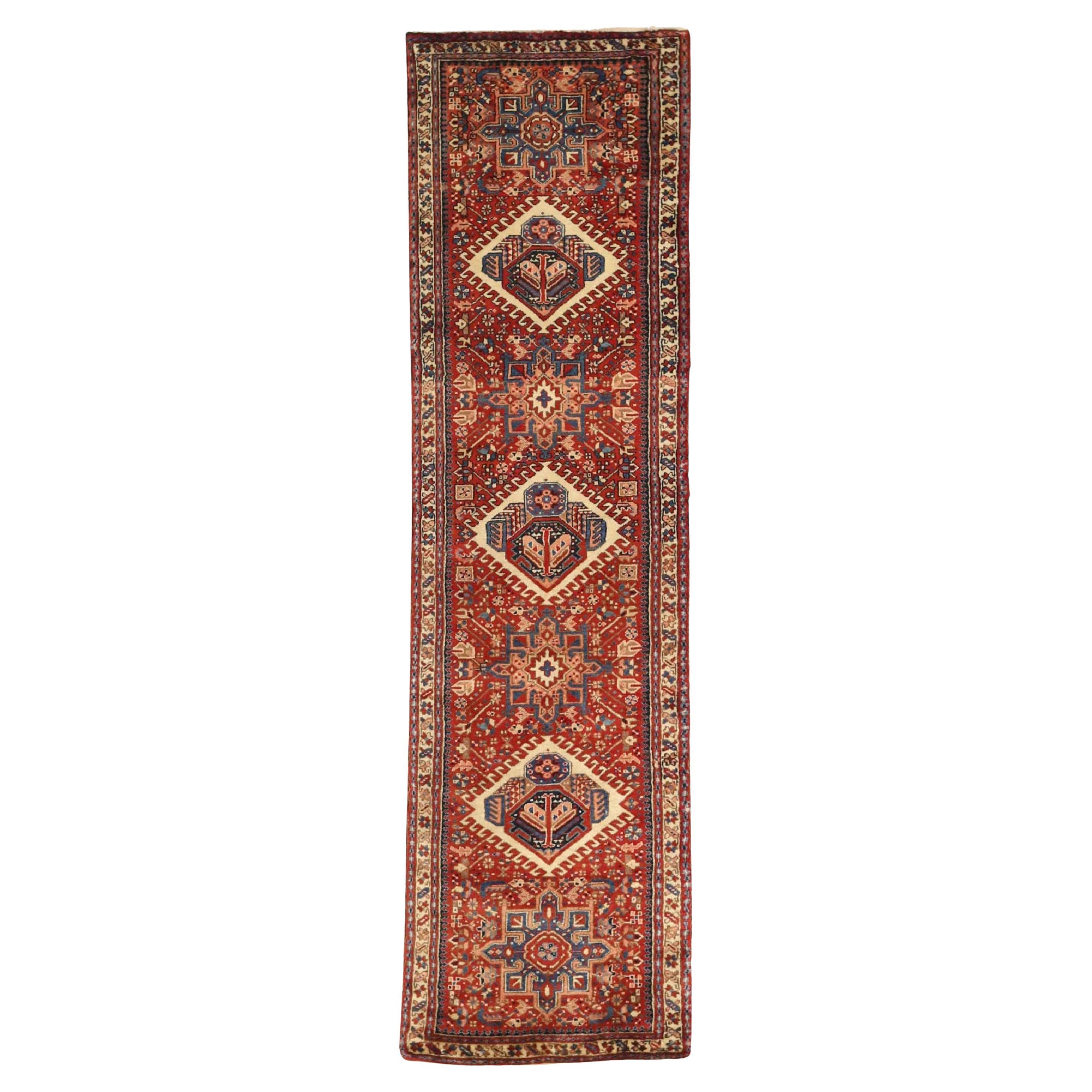 Tappeto Persiano Karajeh Runner Circa 1910 - Lana Blu Avorio Rosso 71996